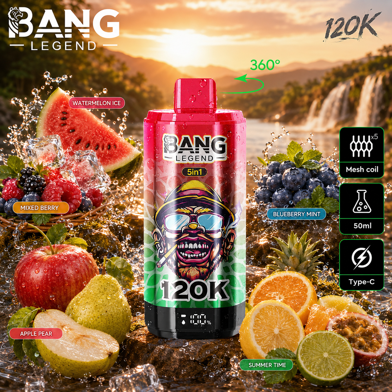 🔥🔥Nejsilnější upgrade! Bang Legend vape 120 000 potahů | jednorázové vape 5 v 1 s příchutí