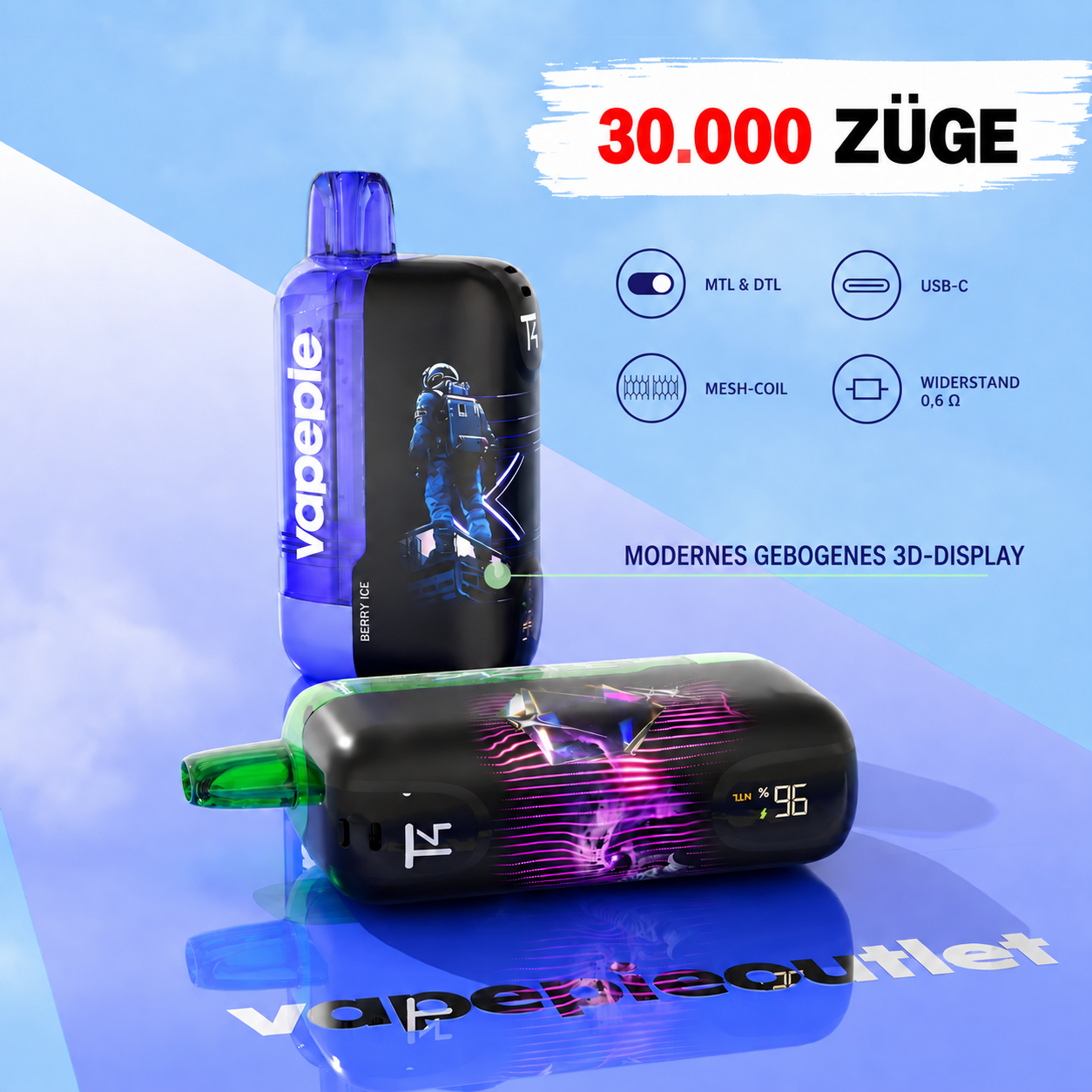 Vapepie Ultra Phantom 30 000 Züge – Nachfüllbare elektronische Einwegzigarette, erhältlich in mehreren Geschmacksrichtungen