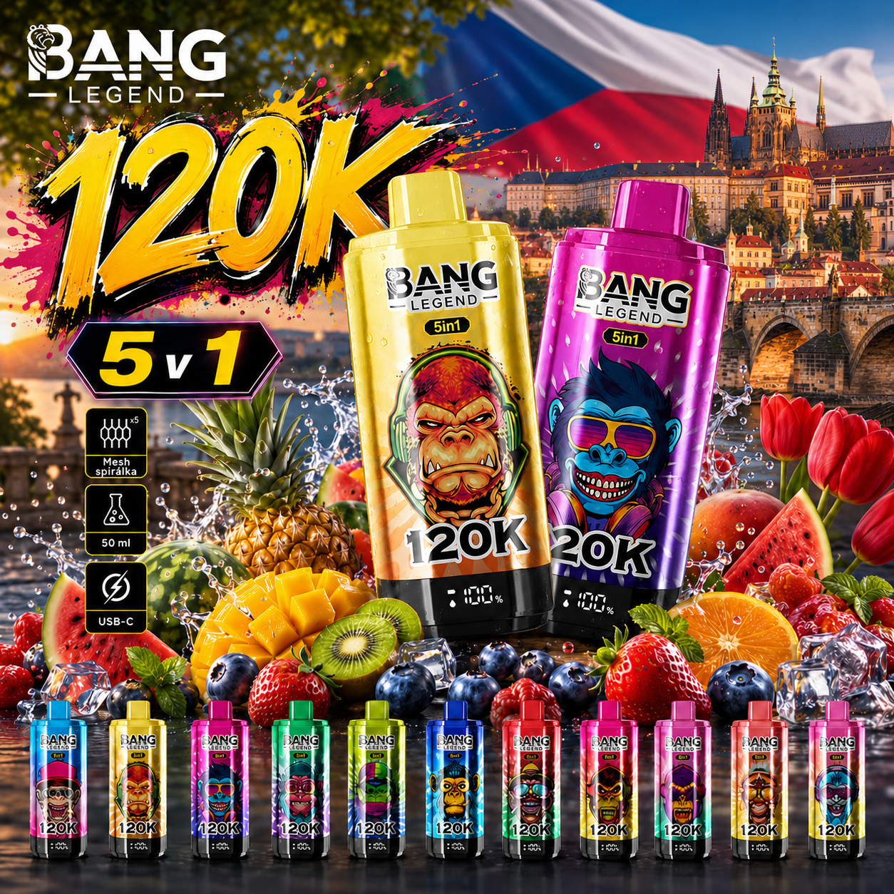 🔥🔥Nejsilnější upgrade! Bang Legend vape 120 000 potahů | jednorázové vape 5 v 1 s příchutí