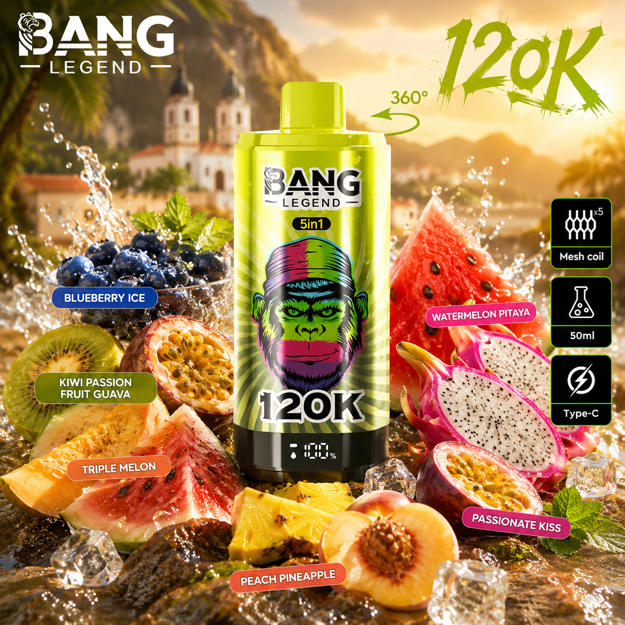 🔥🔥Nejsilnější upgrade! Bang Legend vape 120 000 potahů | jednorázové vape 5 v 1 s příchutí