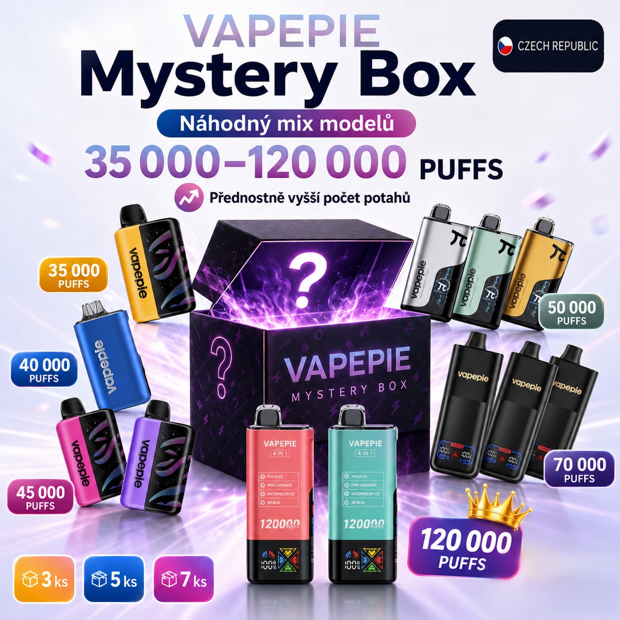 🎁 VAPEPIE Mystery Box – náhodný mix 35K, 40K, 45K, 50K, 70K a 120K PUFFS