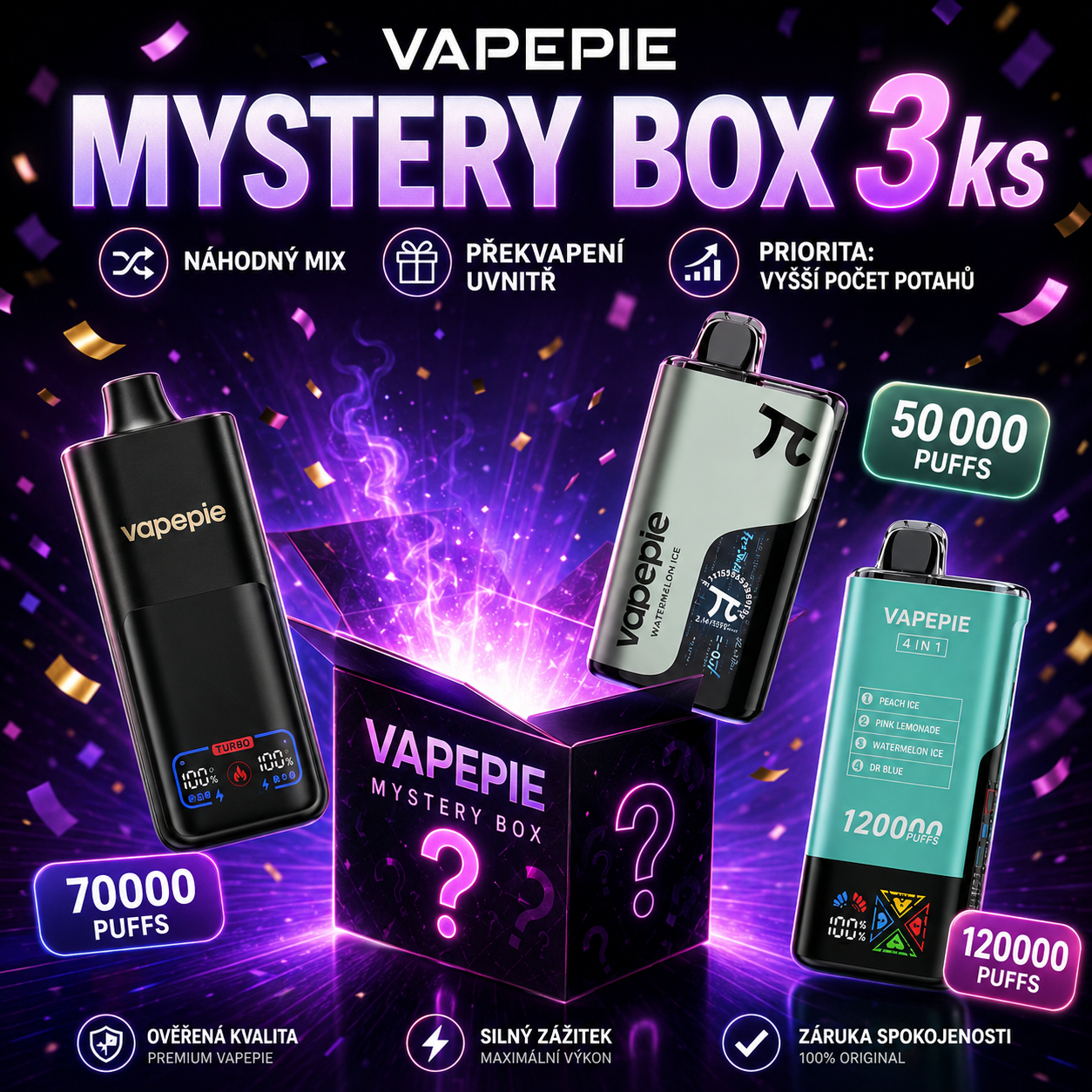🎁 VAPEPIE Mystery Box – náhodný mix 35K, 40K, 45K, 50K, 70K a 120K PUFFS