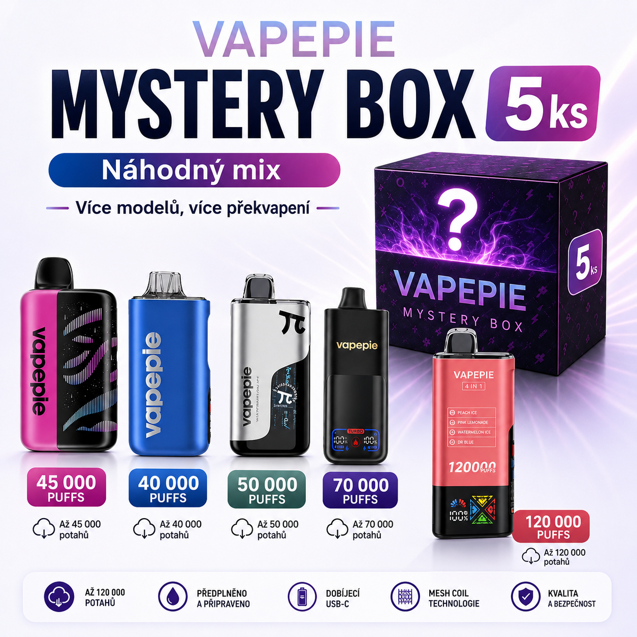 🎁 VAPEPIE Mystery Box – náhodný mix 35K, 40K, 45K, 50K, 70K a 120K PUFFS