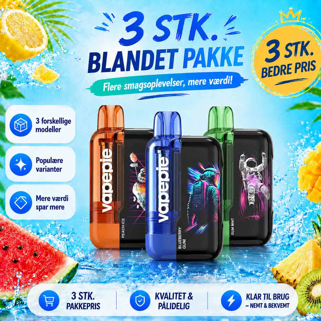 3 STK. BLANDET PAKKE – 3 x 30k