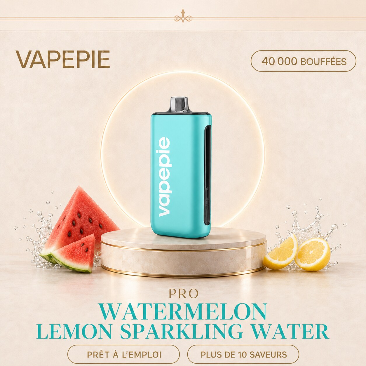 Eau Pétillante à la Pastèque et au Citron | PRO | Cigarette électronique jetable rechargeable – 40 000 bouffées