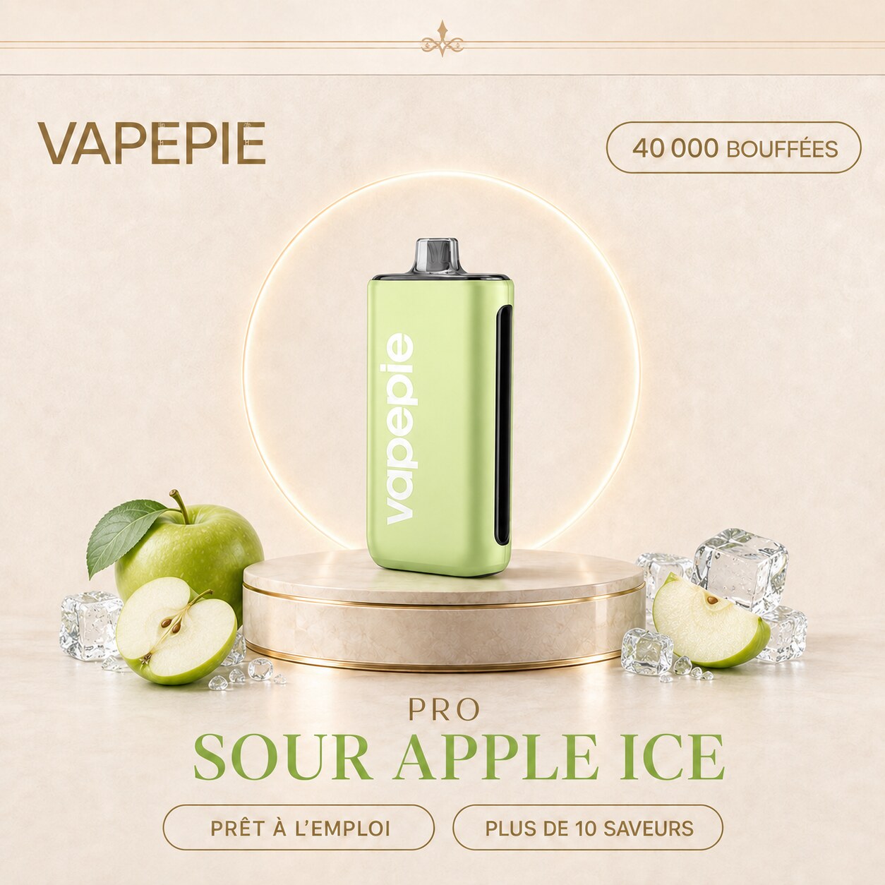 Pomme Acidulée Glacée | PRO | Cigarette électronique jetable rechargeable – 40 000 bouffées