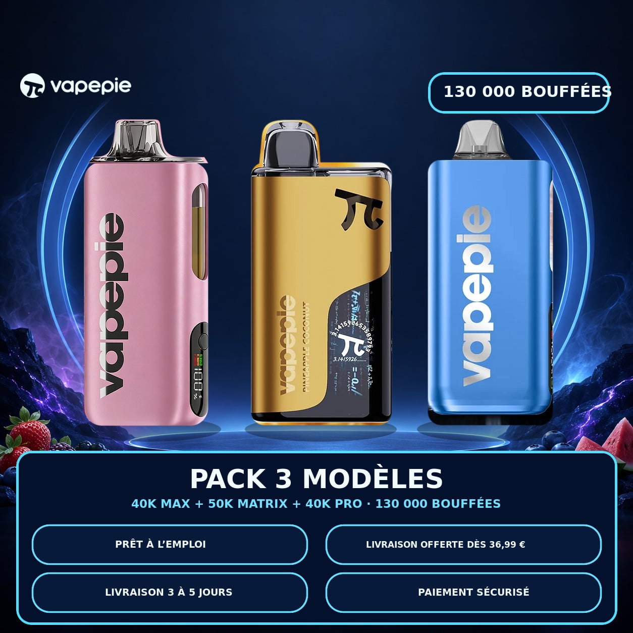 [Pack économique de 3 – MAX 40K + PRO 40K + 50K bouffées] Jusqu’à 130 000 bouffées au total | Cigarettes électroniques jetables rechargeables