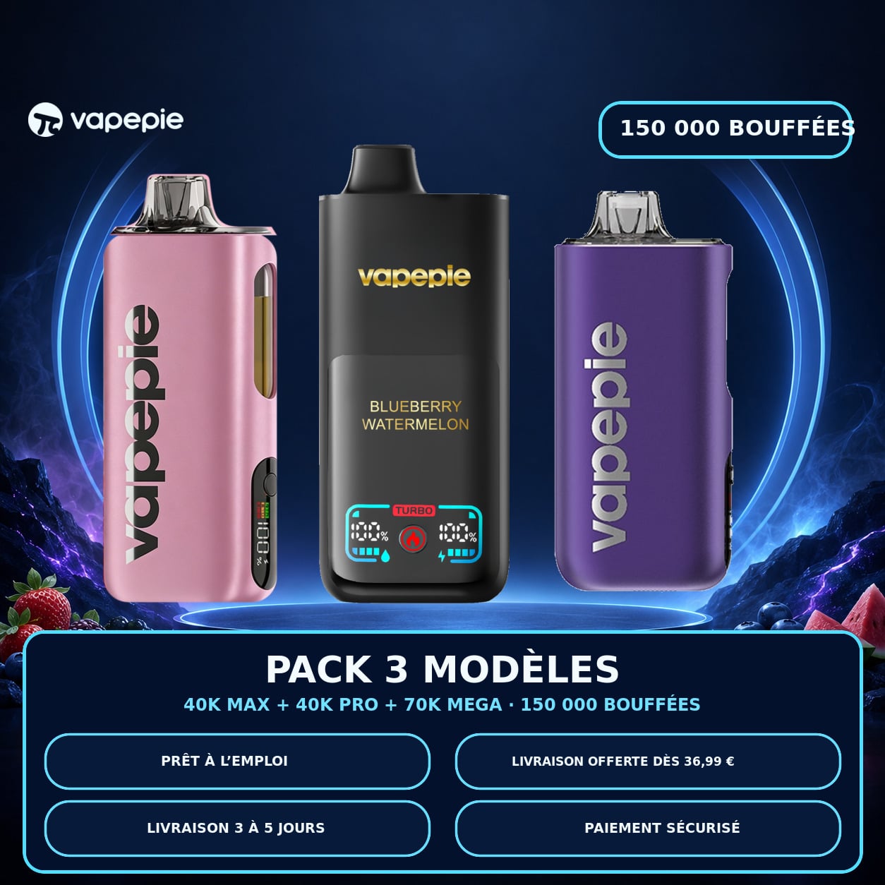 [Pack économique de 3 – MAX 40K + PRO 40K + 70K bouffées] Jusqu’à 150 000 bouffées au total