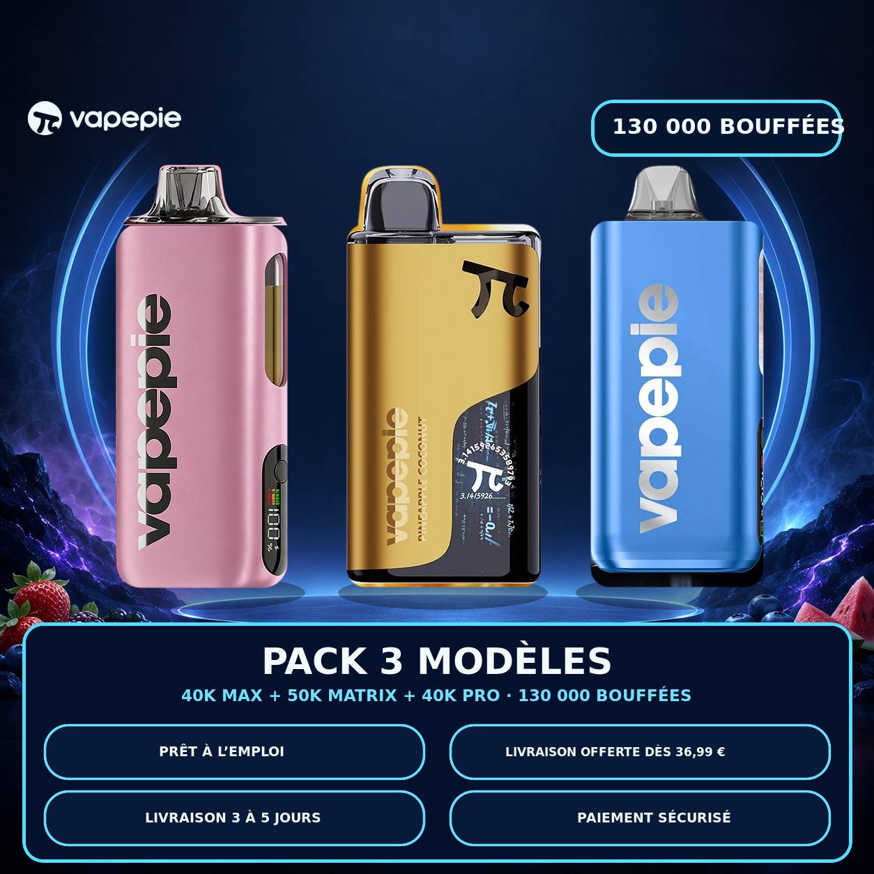 [Pack économique de 3 – MAX 40K + PRO 40K + 50K bouffées] Jusqu’à 130 000 bouffées au total | Cigarettes électroniques jetables rechargeables