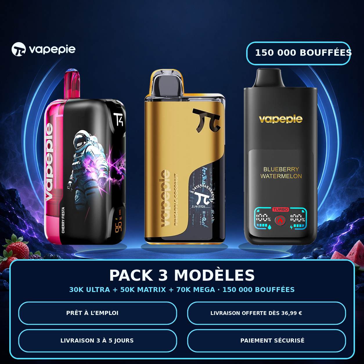 [Pack économique de 3 – 30K + 50K + 70K bouffées] Jusqu’à 150 000 bouffées au total