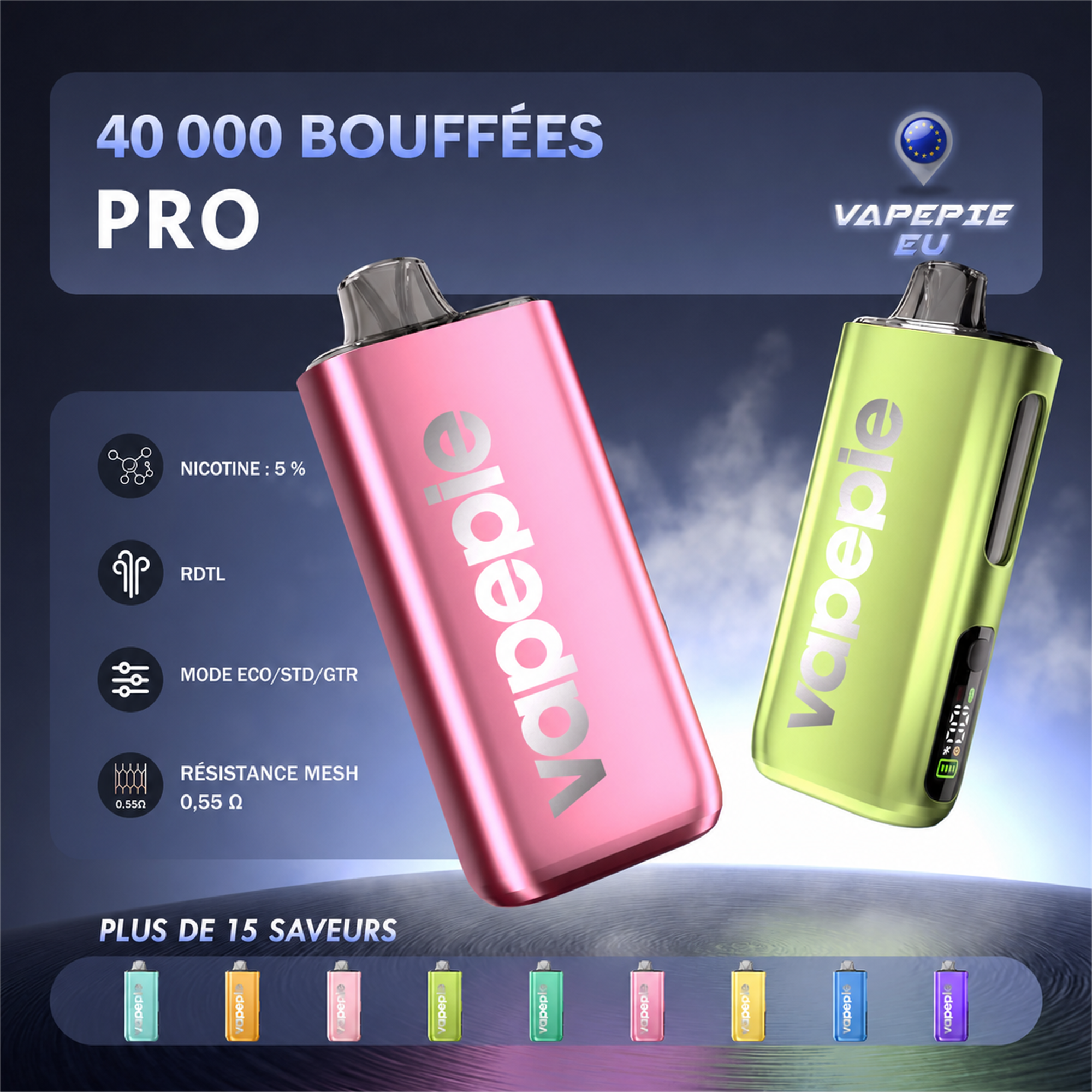 Vapepie Pro 40 000 bouffées – Cigarette électronique jetable rechargeable, disponible en plusieurs saveurs