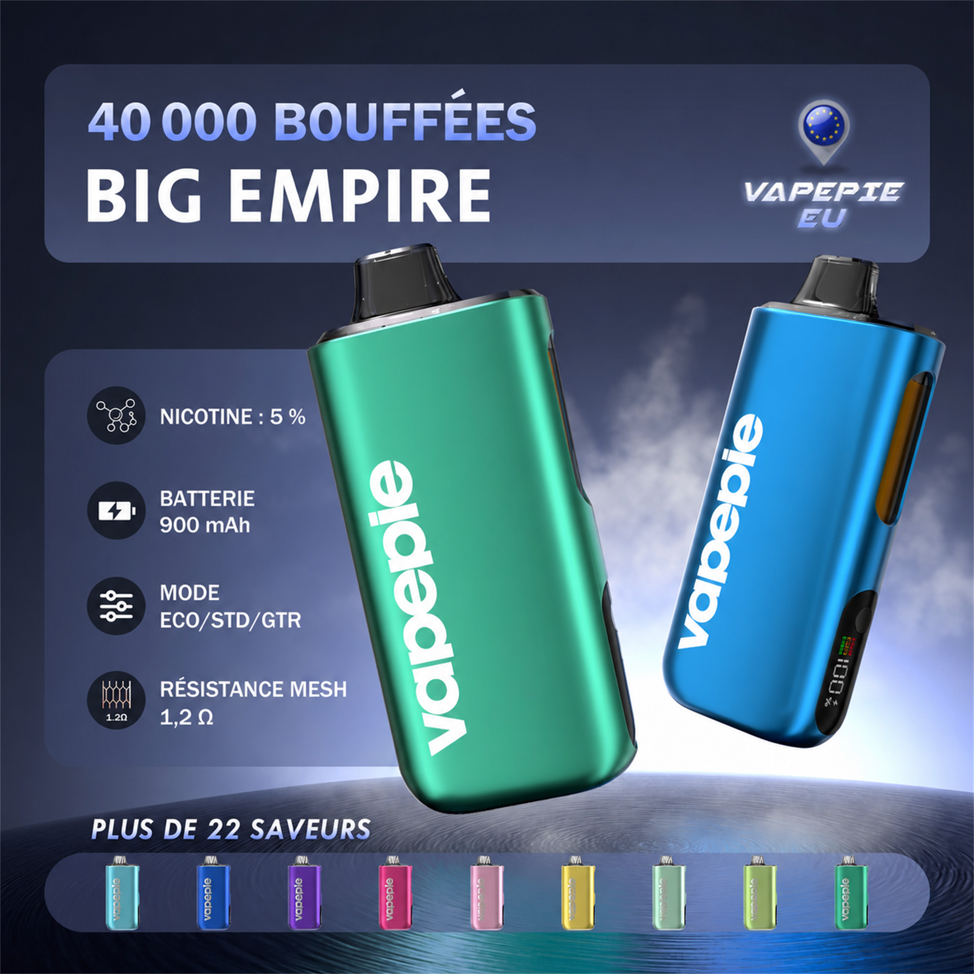 Vapepie Max 40 000 bouffées – Cigarette électronique jetable rechargeable, disponible en plusieurs saveurs