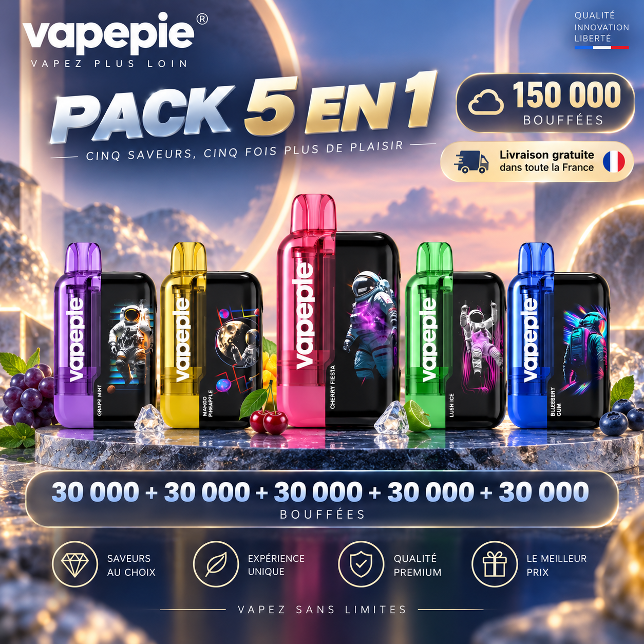 [Pack économique de 5 – 30 000 bouffées par appareil] Vapepie Ultra Phantom – Jusqu’à 150 000 bouffées au total | Expédition rapide depuis notre entrepôt en France