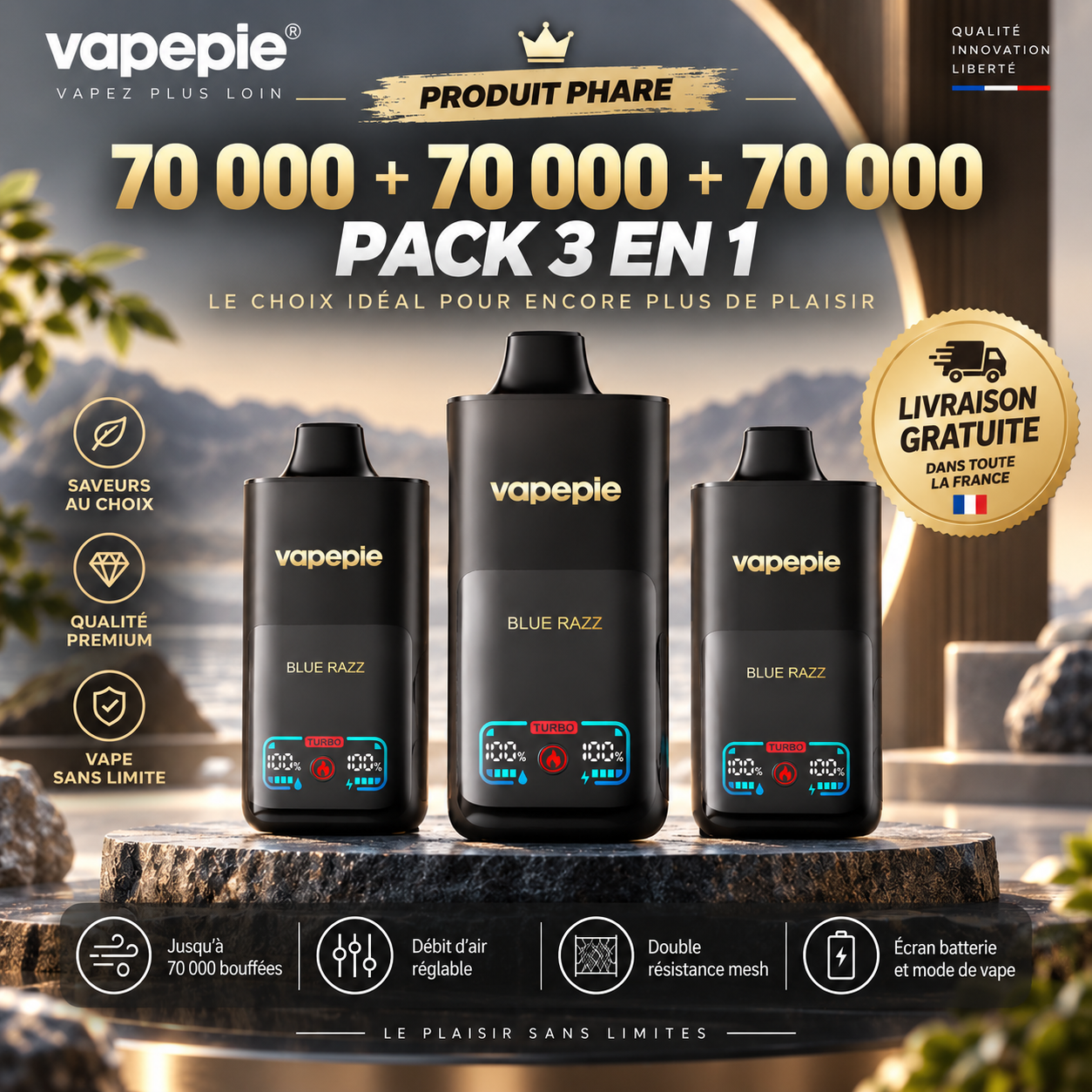 [Pack économique de 3 – 70 000 bouffées par appareil] VAPEPIE Max Cloud Max Run – Jusqu’à 210 000 bouffées au total