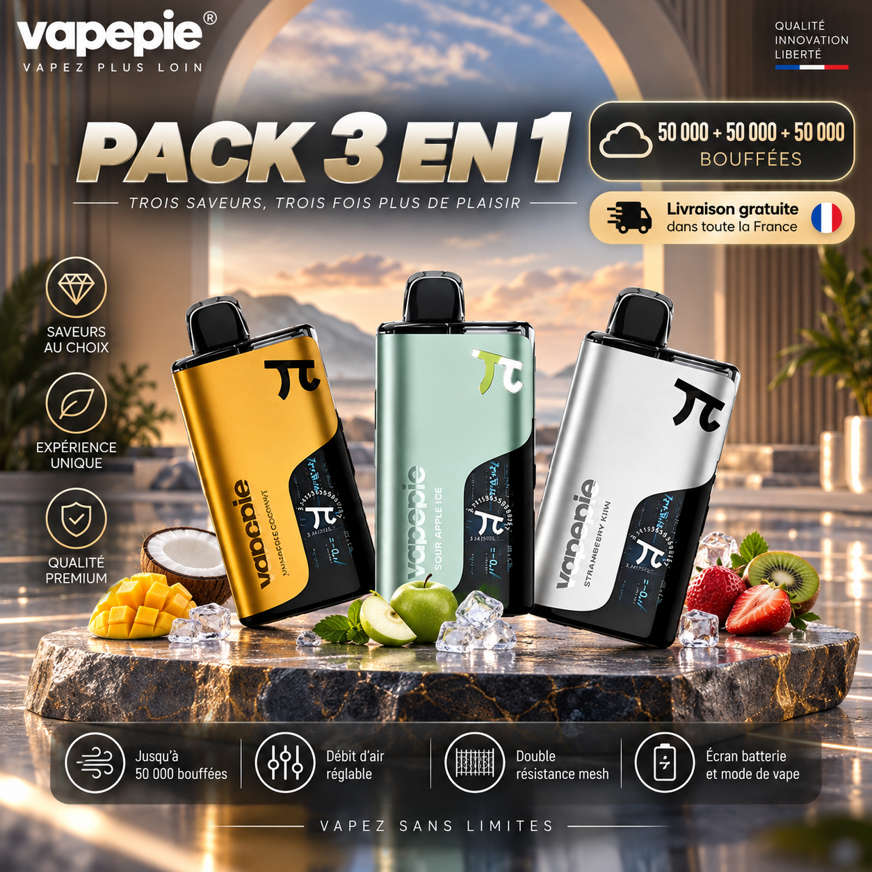 Pack économique Vapepie – Lot de 3, 50 000 bouffées par appareil | Cigarettes électroniques jetables rechargeables – Expédition rapide depuis notre entrepôt local