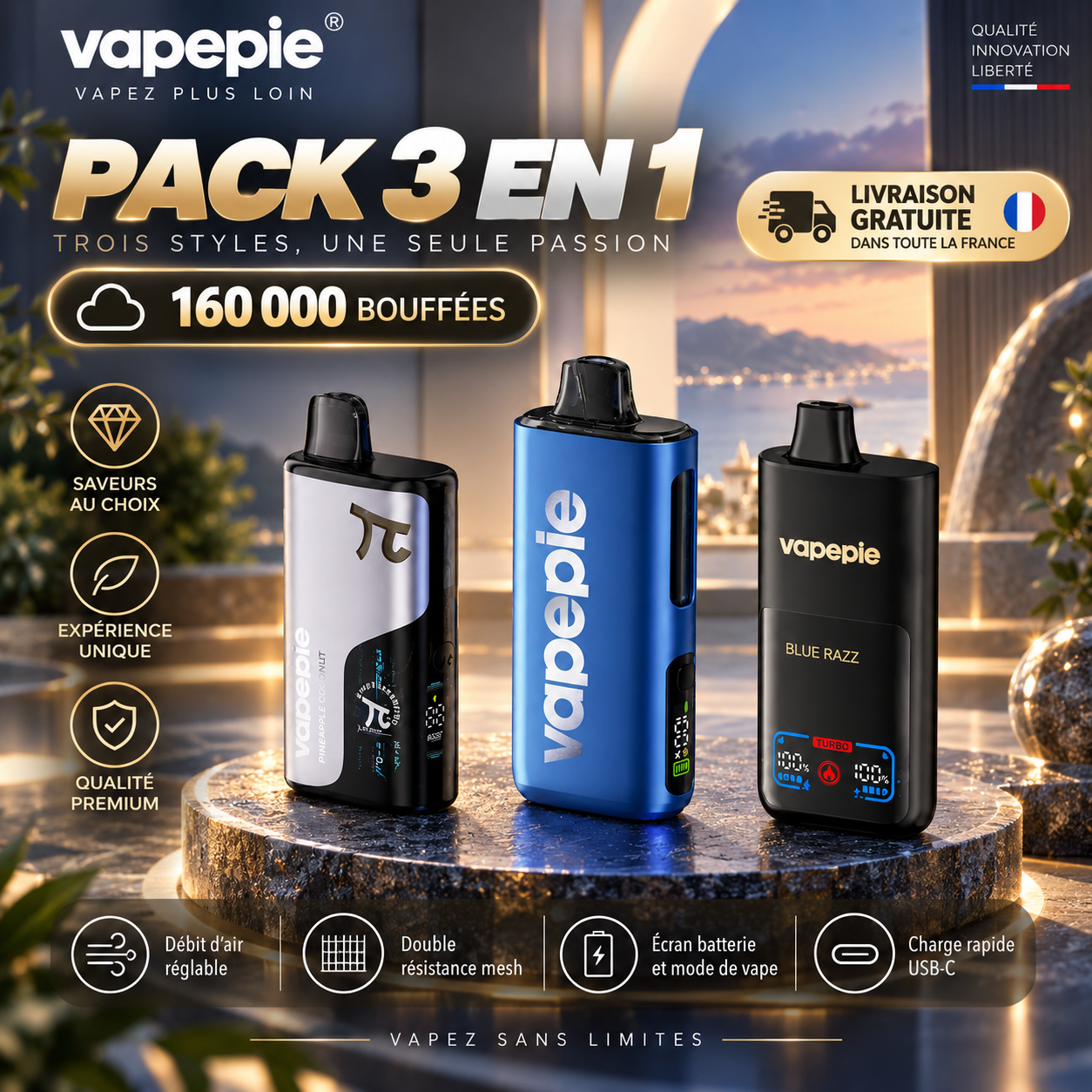 【Pack avantageux】Vapepie Best-Sellers – Pack 3-en-1, 160 000 bouffées (Mega ×1 + Matrix ×1 + Pro ×1)