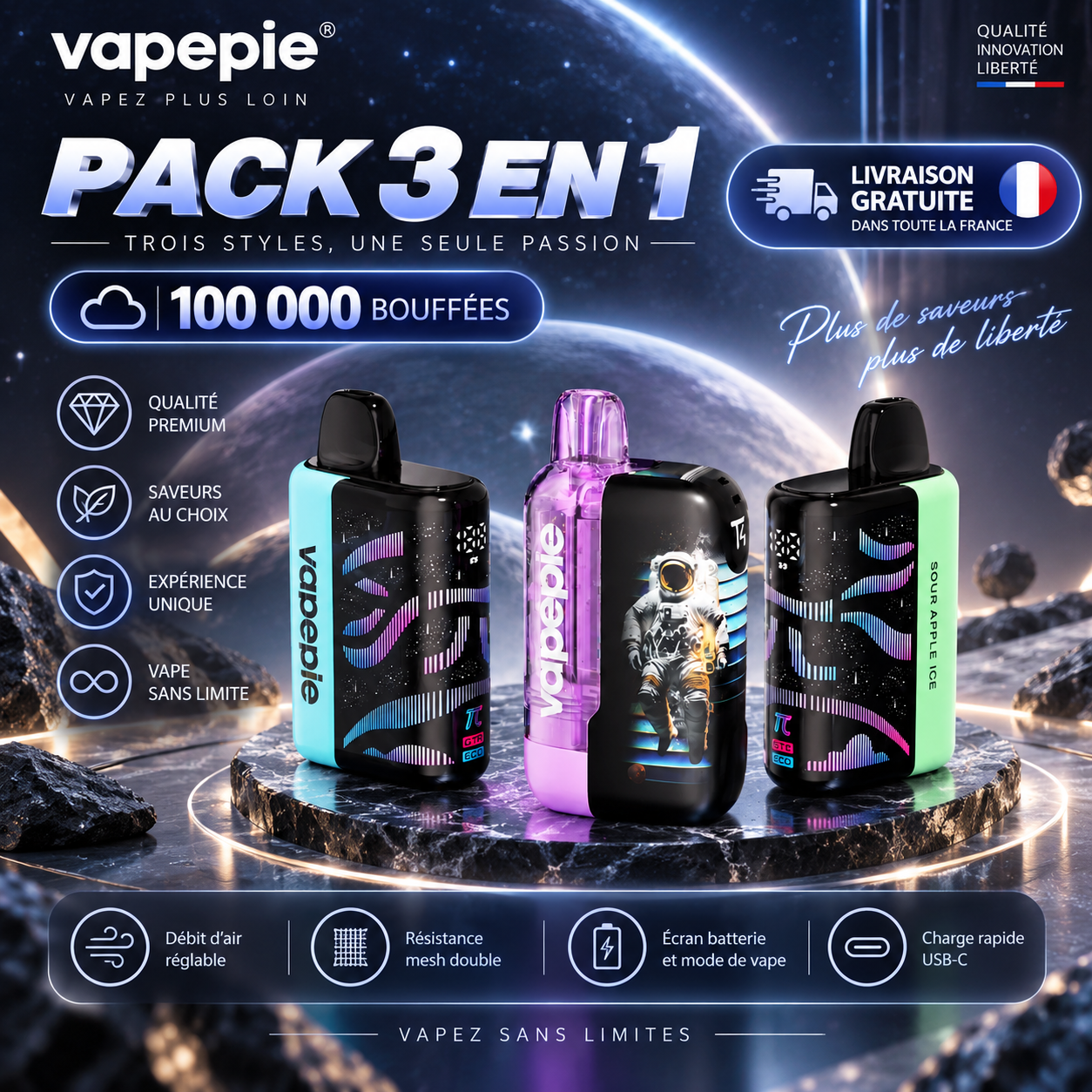 【Pack avantageux】Vapepie Best-Sellers – Pack 3-en-1, 100 000 bouffées (Galactic Gleam ×2 + Ultra Phantom ×1)