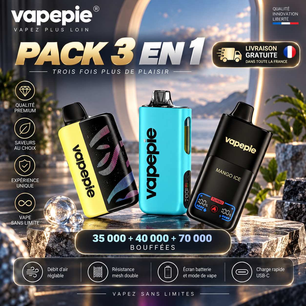 [Pack économique de 3 – 35 000 + 40 000 + 70 000 bouffées] VAPEPIE Max Cloud Max Run – Jusqu’à 145 000 bouffées au total
