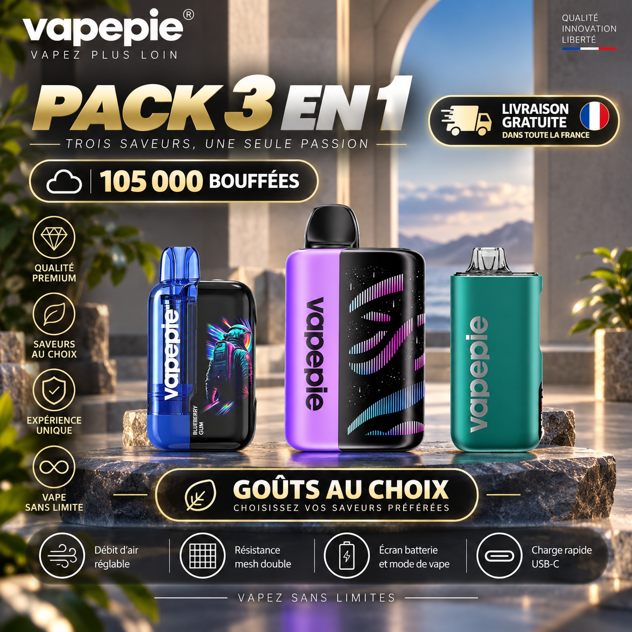 [Pack économique de 3 – 30 000 + 35 000 + 40 000 bouffées] VAPEPIE Max Cloud Max Run – Jusqu’à 105 000 bouffées au total