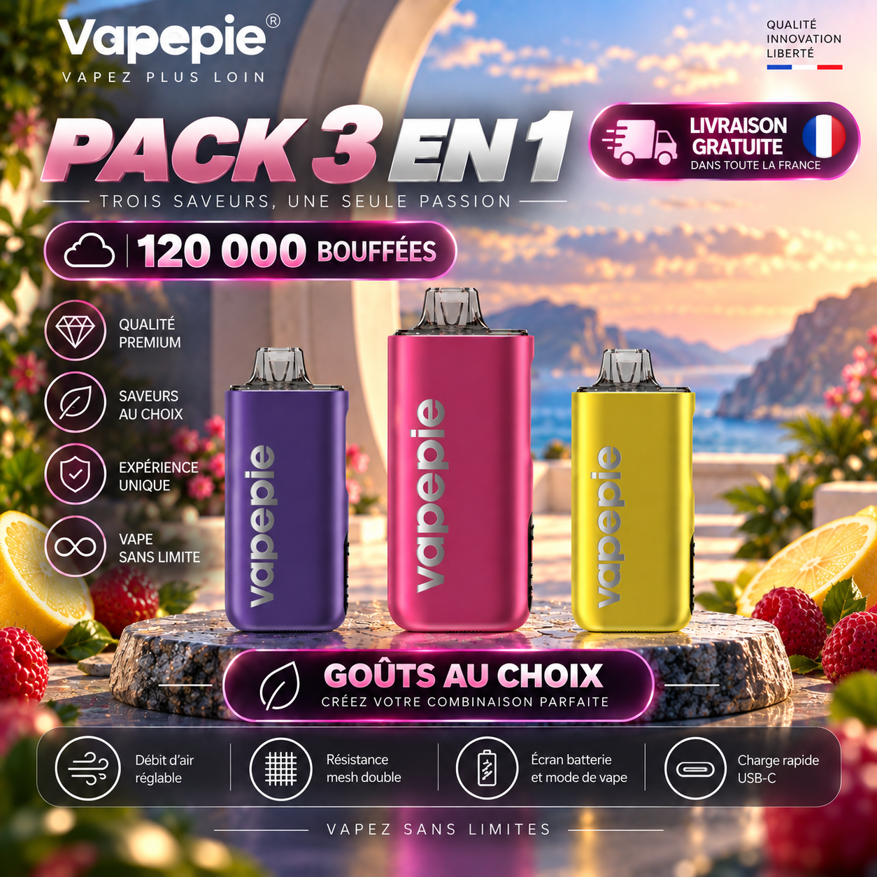 [Pack économique de 3 – 40 000 bouffées par appareil] VAPEPIE Max – Jusqu’à 120 000 bouffées au total | Cigarette électronique grande capacité | 15 saveurs disponibles