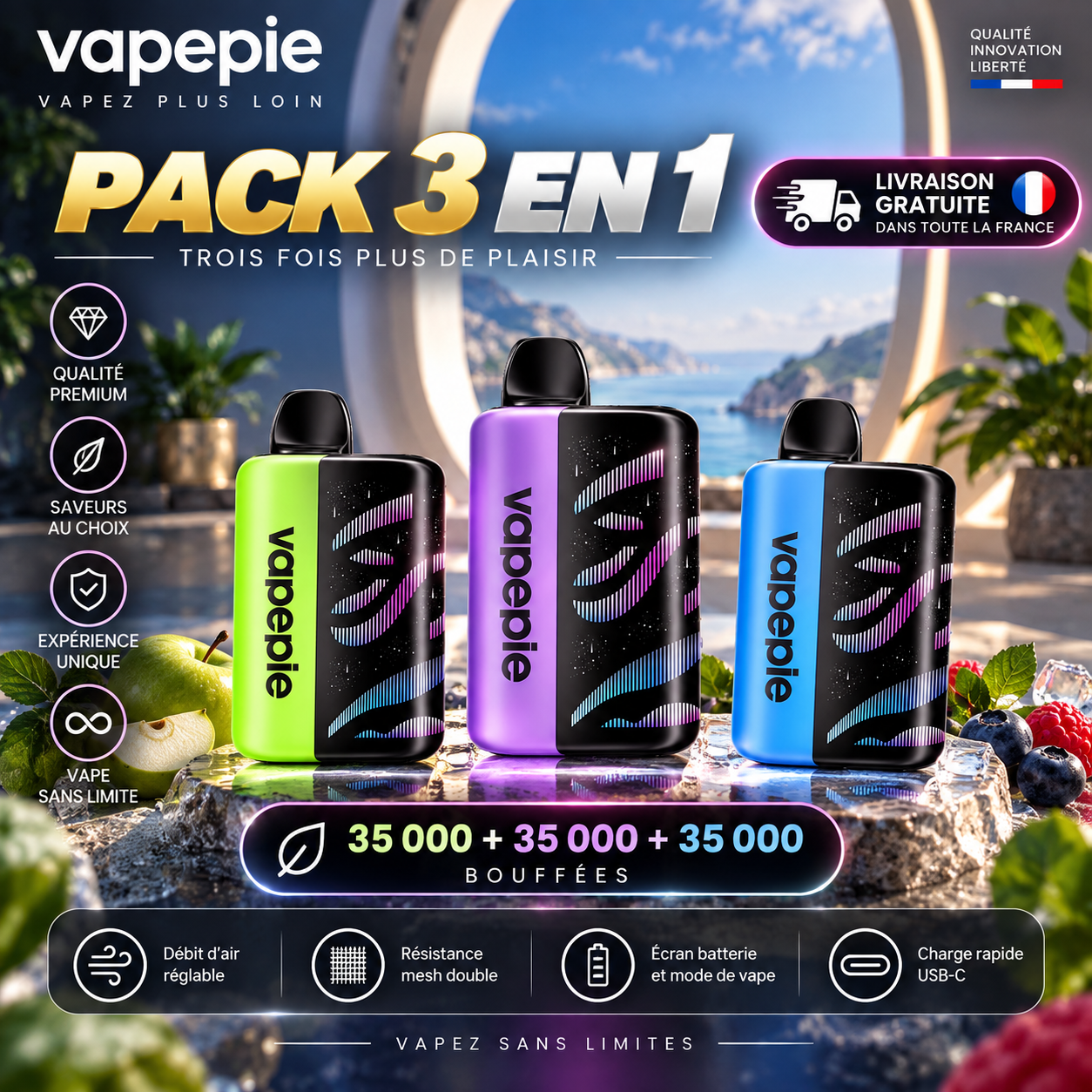 [Pack de 3 à prix avantageux – 35 000 bouffées par appareil] VapePie Galactic Gleam – Jusqu’à 105 000 bouffées au total | Écran LED intelligent | Expédition rapide depuis notre entrepôt en France