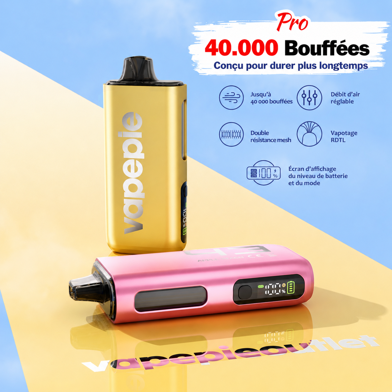 Vapepie Pro 40 000 bouffées – Cigarette électronique jetable rechargeable, disponible en plusieurs saveurs