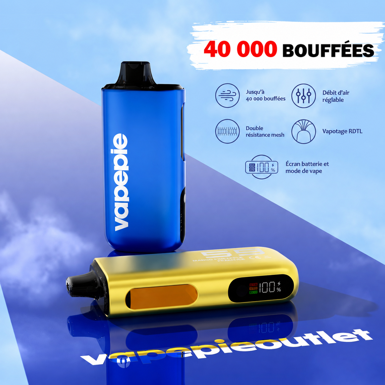 Vapepie Max 40 000 bouffées – Cigarette électronique jetable rechargeable, disponible en plusieurs saveurs