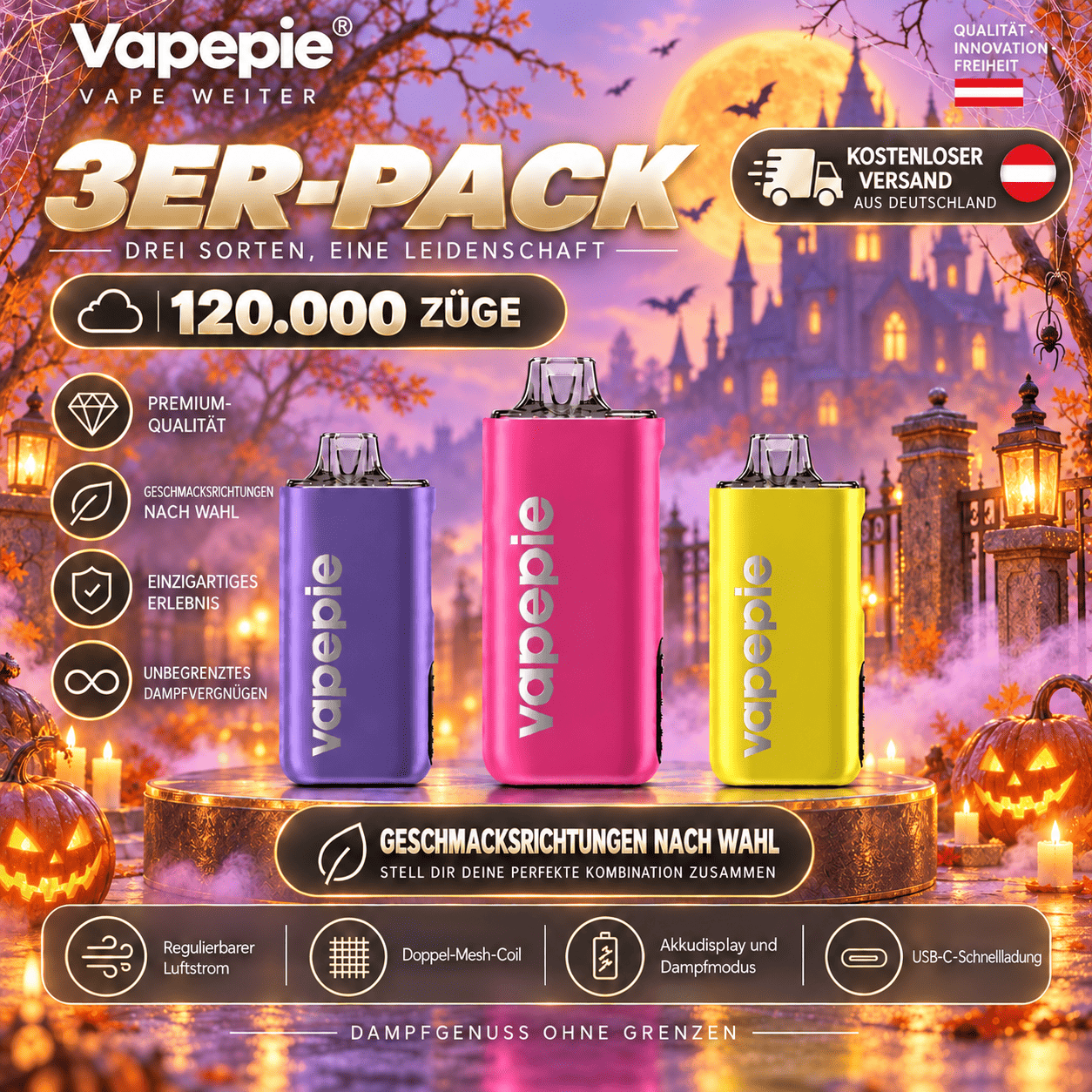 [Value 3-Pack – 40,000 Puffs per Device] VAPEPIE Max – Up to 120,000 Puffs in Total | High-Capacity E-Cigarette | 15 Flavours Available