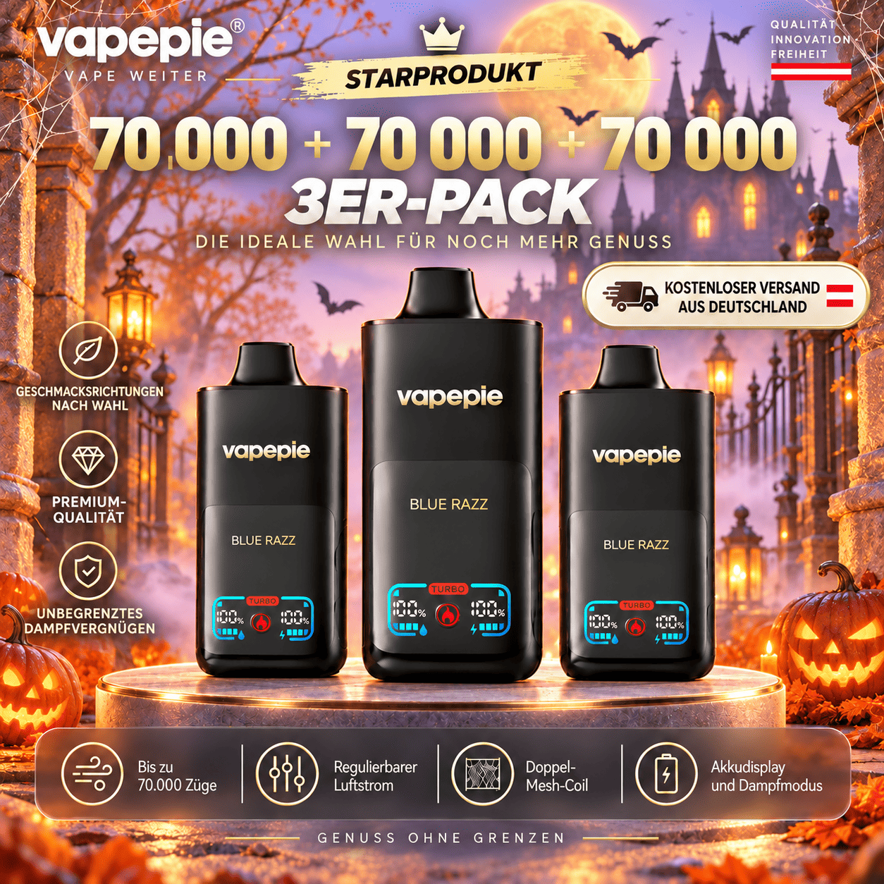 [Value 3-Pack – 70,000 Puffs per Device] VAPEPIE Max Cloud Max Run – Up to 210,000 Puffs in Total