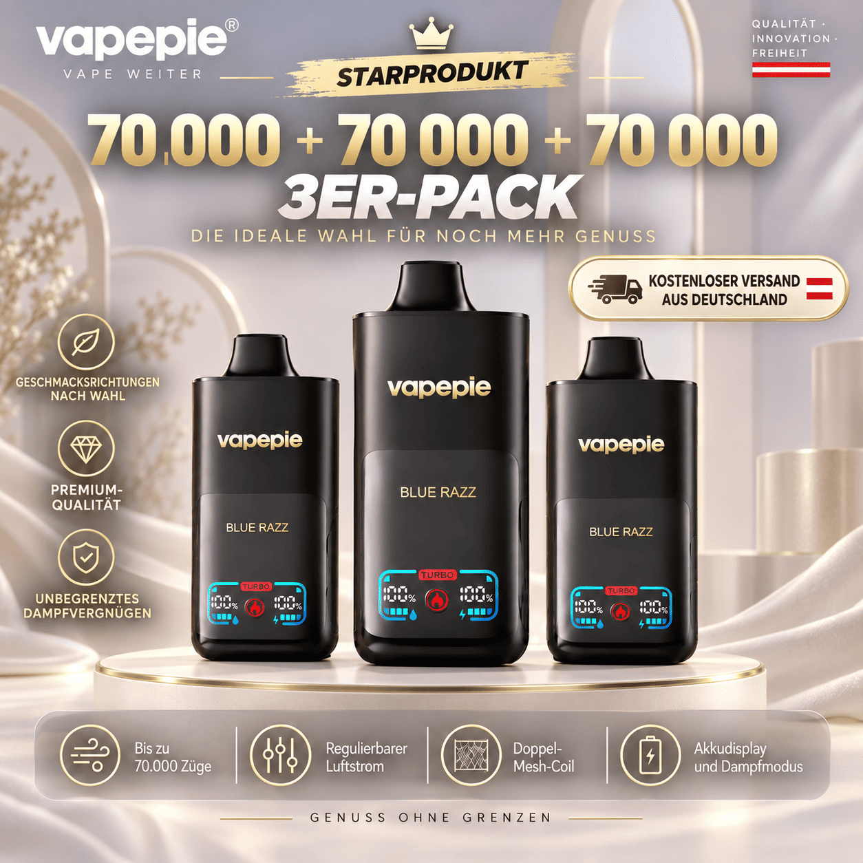 [Value 3-Pack – 70,000 Puffs per Device] VAPEPIE Max Cloud Max Run – Up to 210,000 Puffs in Total