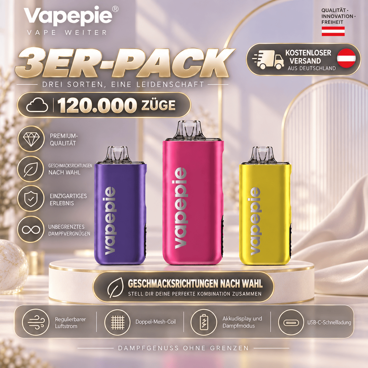 [Value 3-Pack – 40,000 Puffs per Device] VAPEPIE Max – Up to 120,000 Puffs in Total | High-Capacity E-Cigarette | 15 Flavours Available