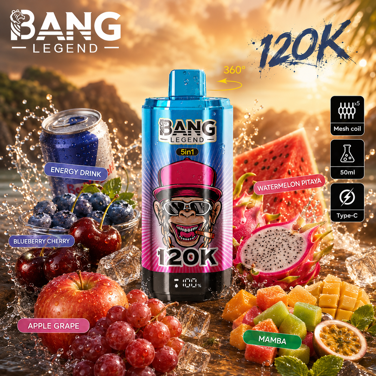 🔥🔥Nejsilnější upgrade! Bang Legend vape 120 000 potahů | jednorázové vape 5 v 1 s příchutí