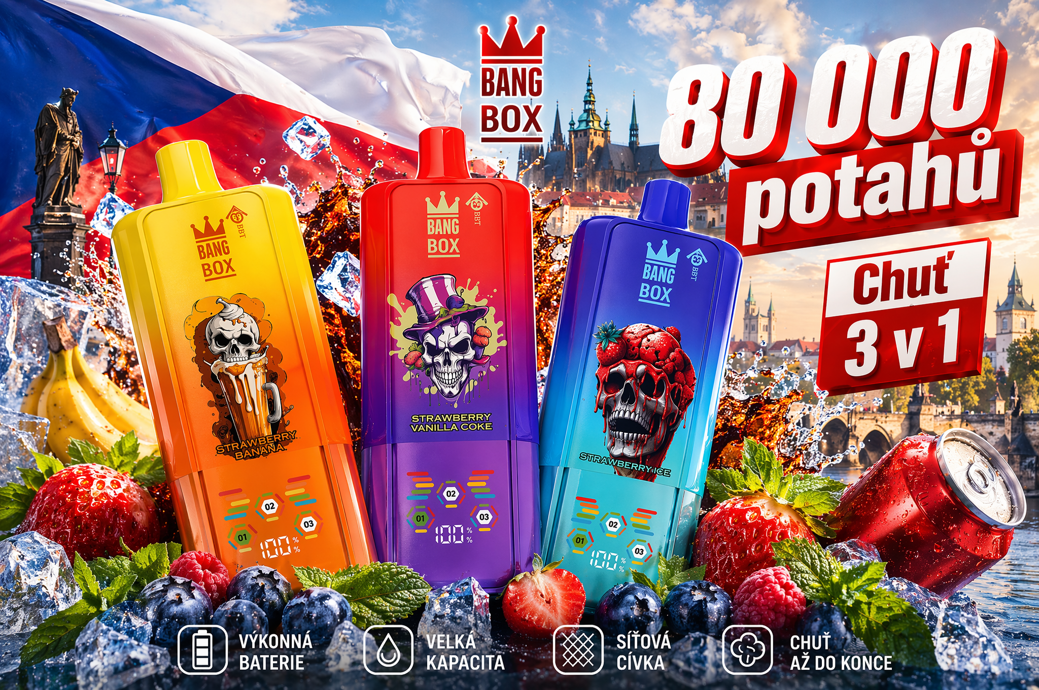 BANGBOX 80K př&iacute;chutě 3 v 1 vape kolekce ovocn&eacute; ice energy disposable vape Česko