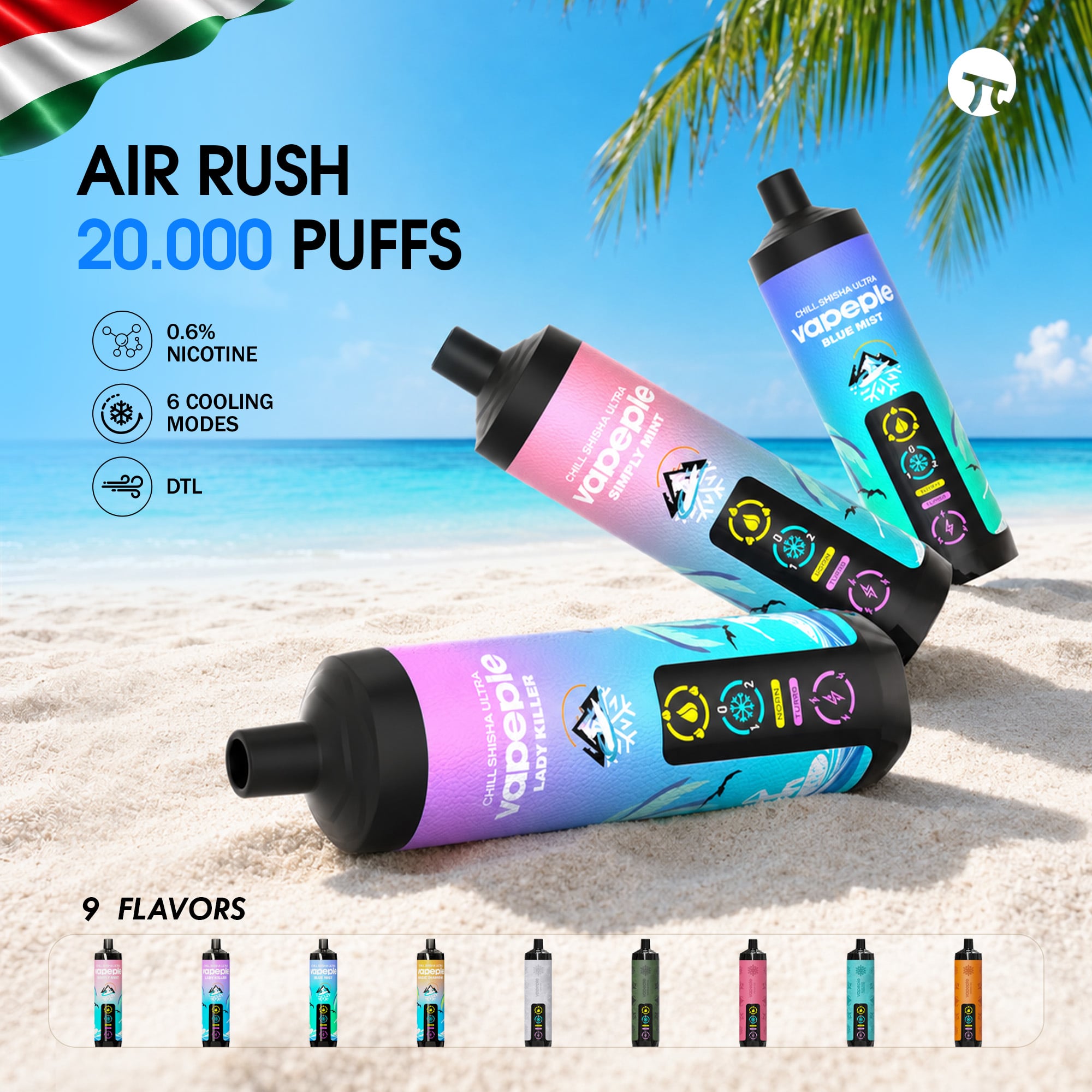 VAPEPIE AirRush 20000 Slukkos Eldobható E-cigi – Hosszú Élettartamú, Vízpipás Tüdőszívás Élmény