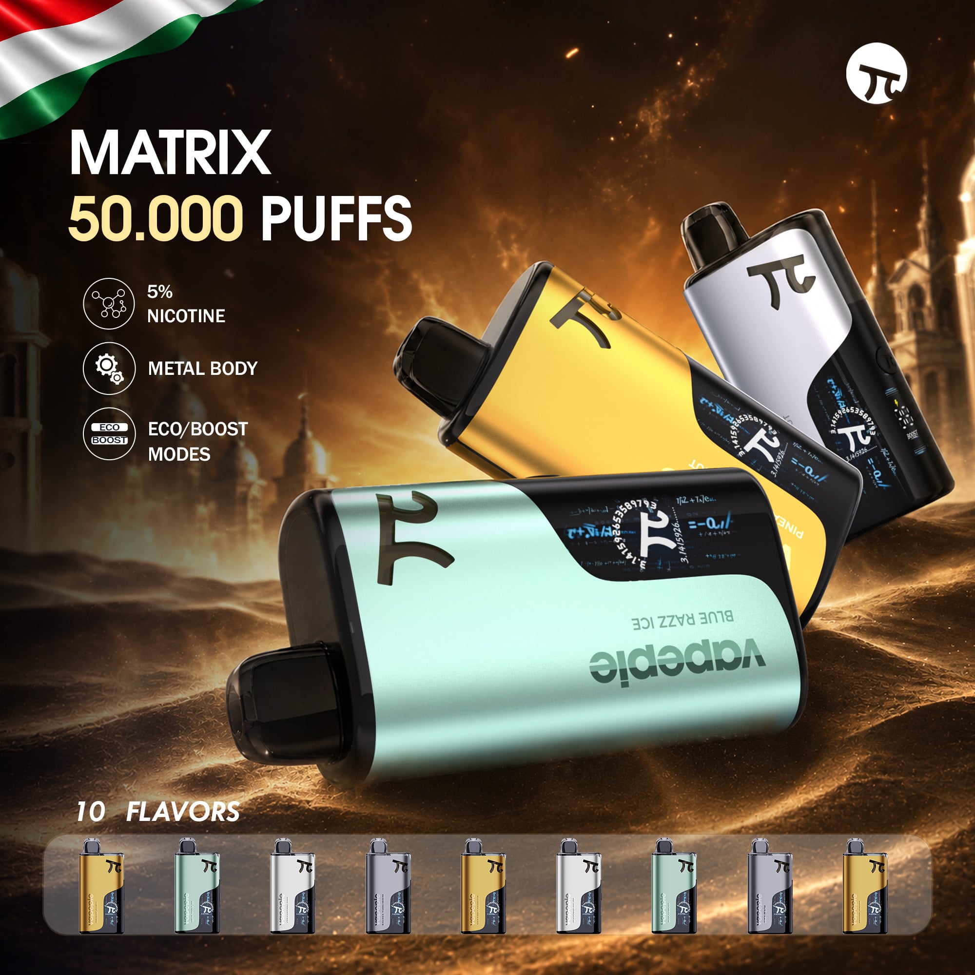VAPEPIE Matrix 50000 PUFFS--Nagy Kapacitasu Premium Vape Erteljes Izvilaggal es Hosszu Uzemidovel