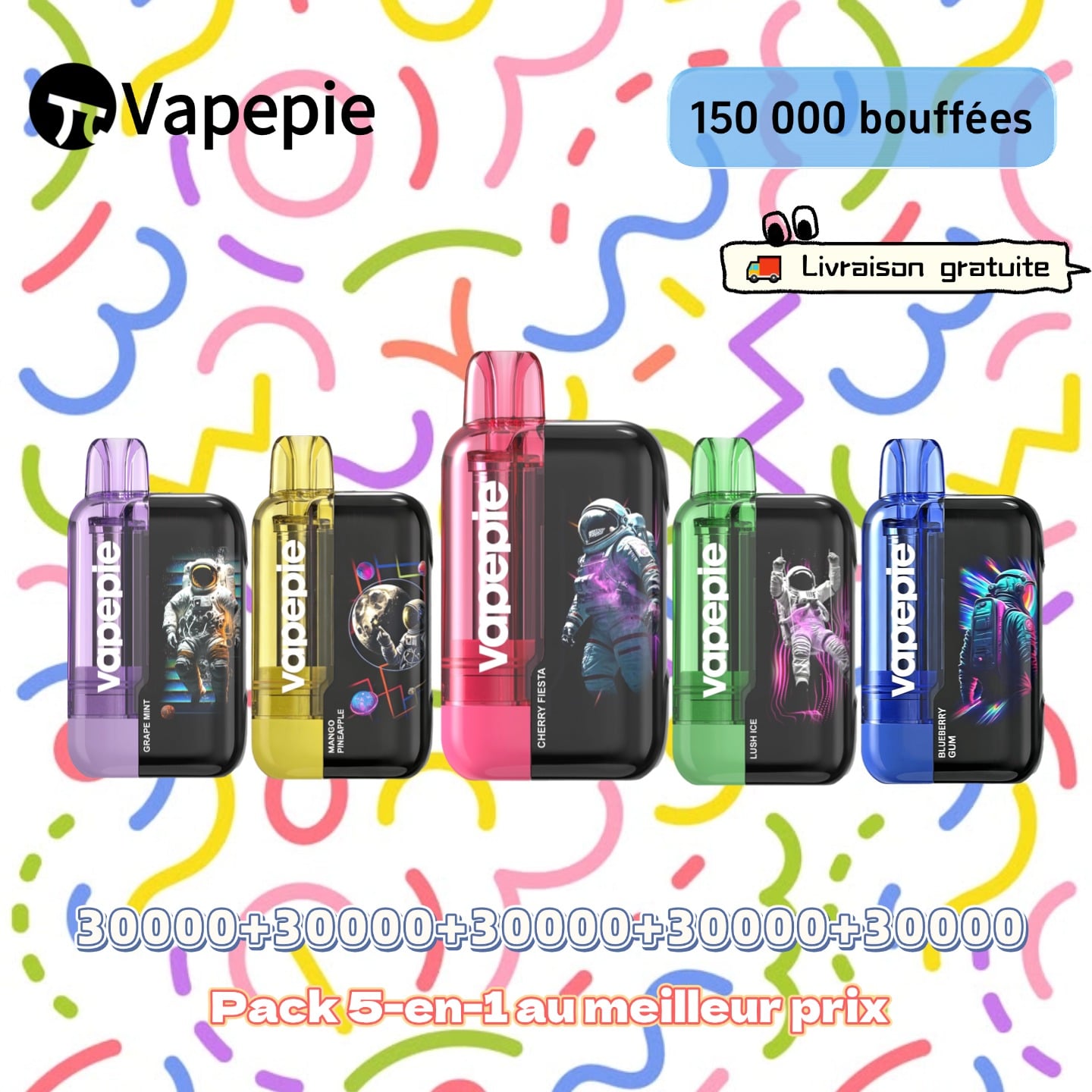 [Pack économique de 5 – 30 000 bouffées par appareil] Vapepie Ultra Phantom – Jusqu’à 150 000 bouffées au total | Expédition rapide depuis notre entrepôt en France