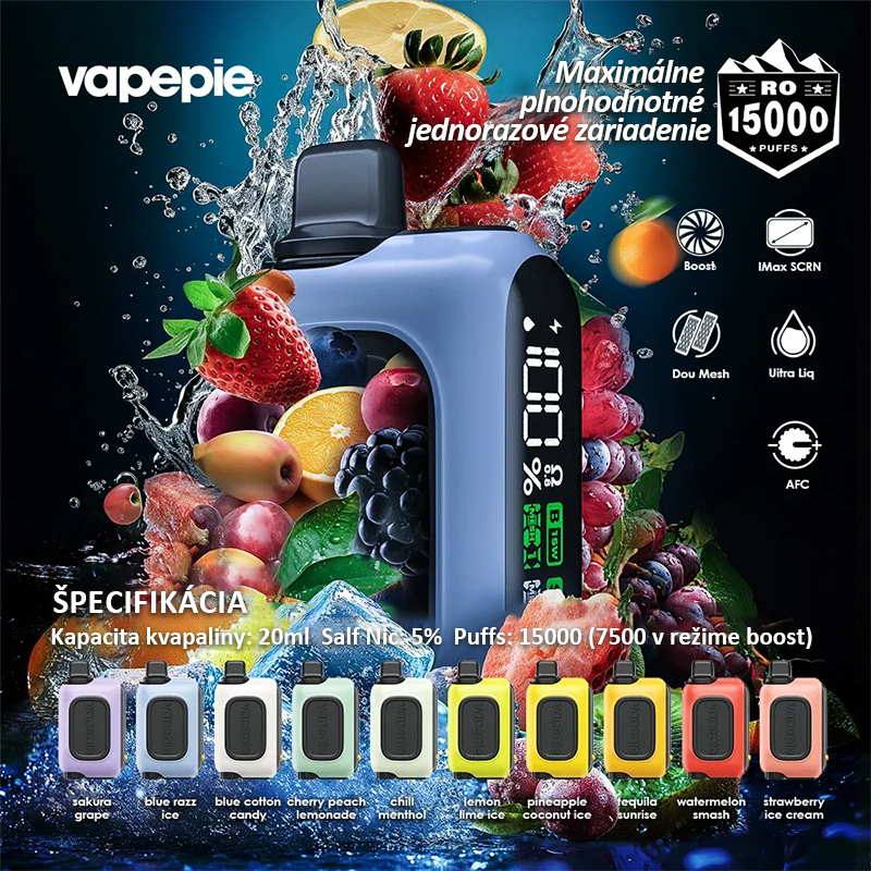 💥Akcia 1+1 ZADARMO!🔥Vapepie RO 15000 Potiahnutí (slukov)  - 10 príchutí