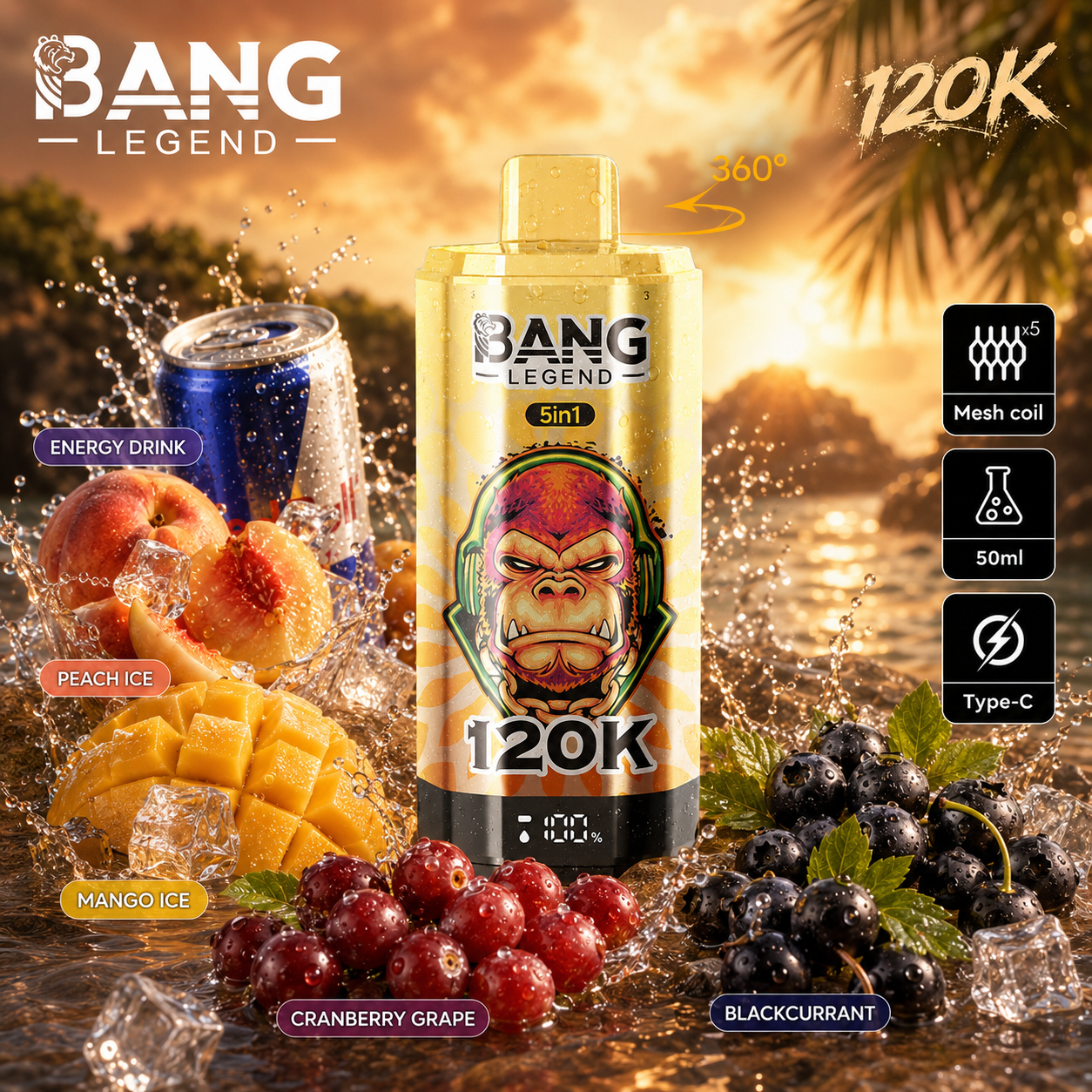 🔥🔥Nejsilnější upgrade! Bang Legend vape 120 000 potahů | jednorázové vape 5 v 1 s příchutí