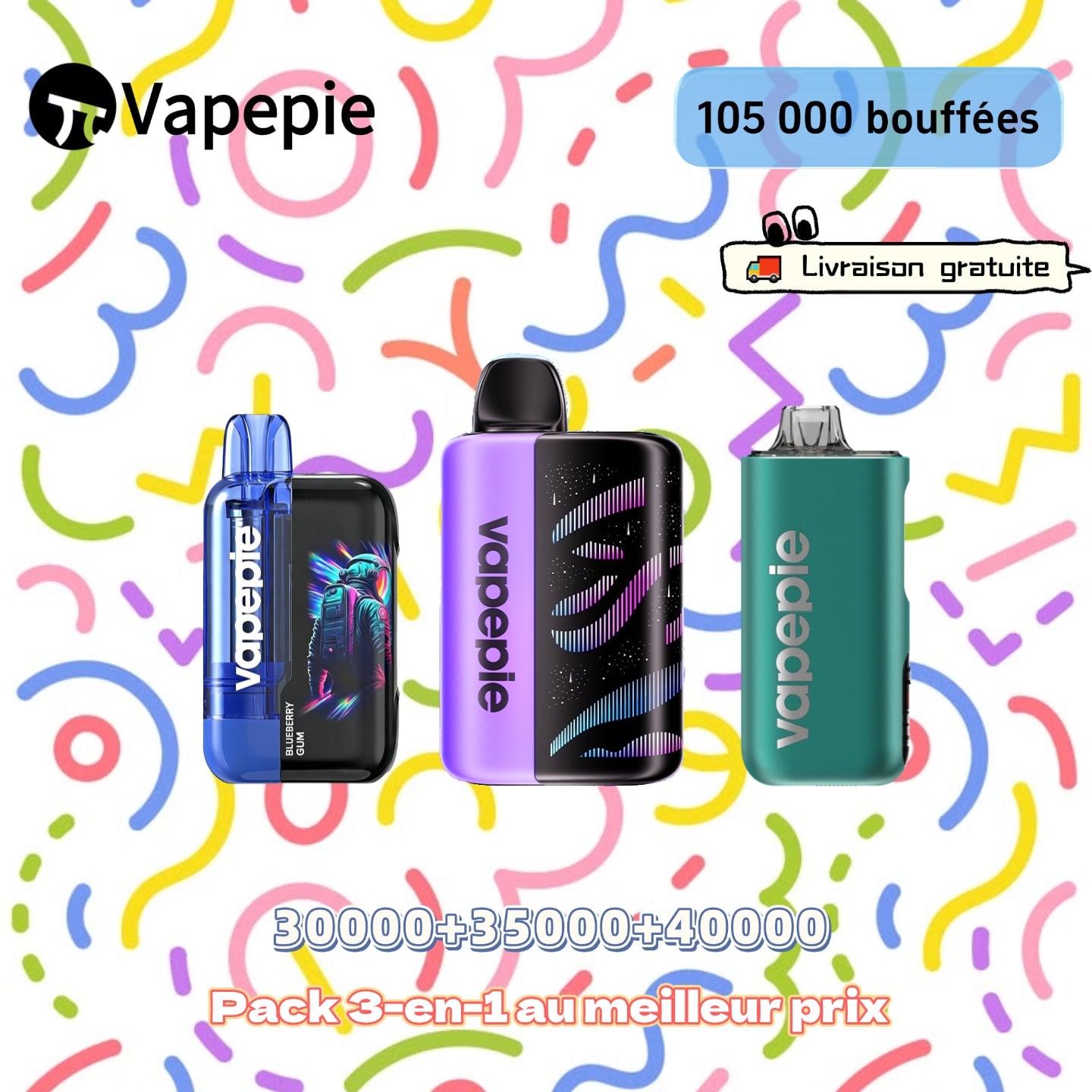 [Pack économique de 3 – 30 000 + 35 000 + 40 000 bouffées] VAPEPIE Max Cloud Max Run – Jusqu’à 105 000 bouffées au total