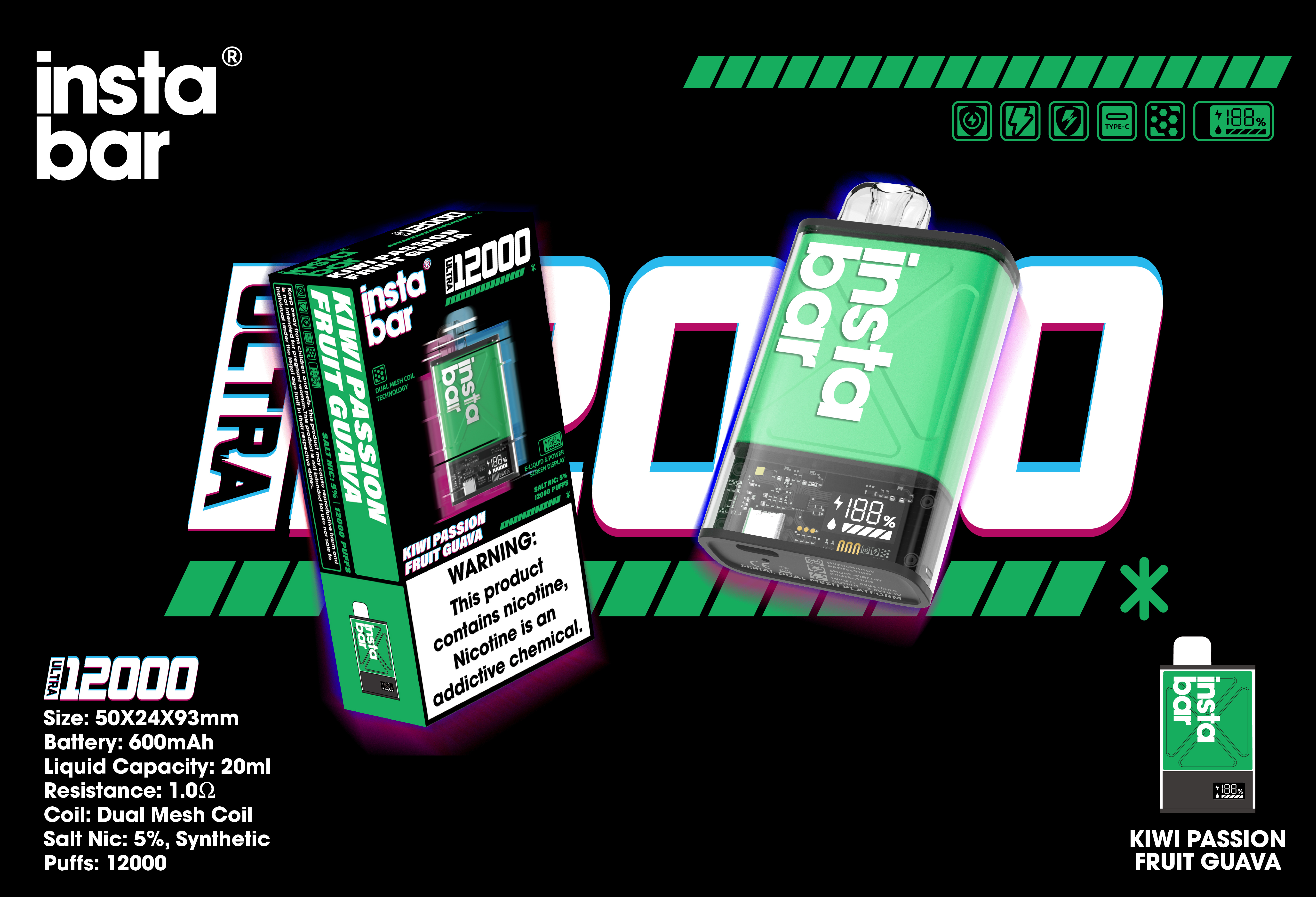 🔥INSTABAR IU12000 Obnovující Exploze 12000 tažek – Kiwi, marakuja a guava, super úžasná chuť!