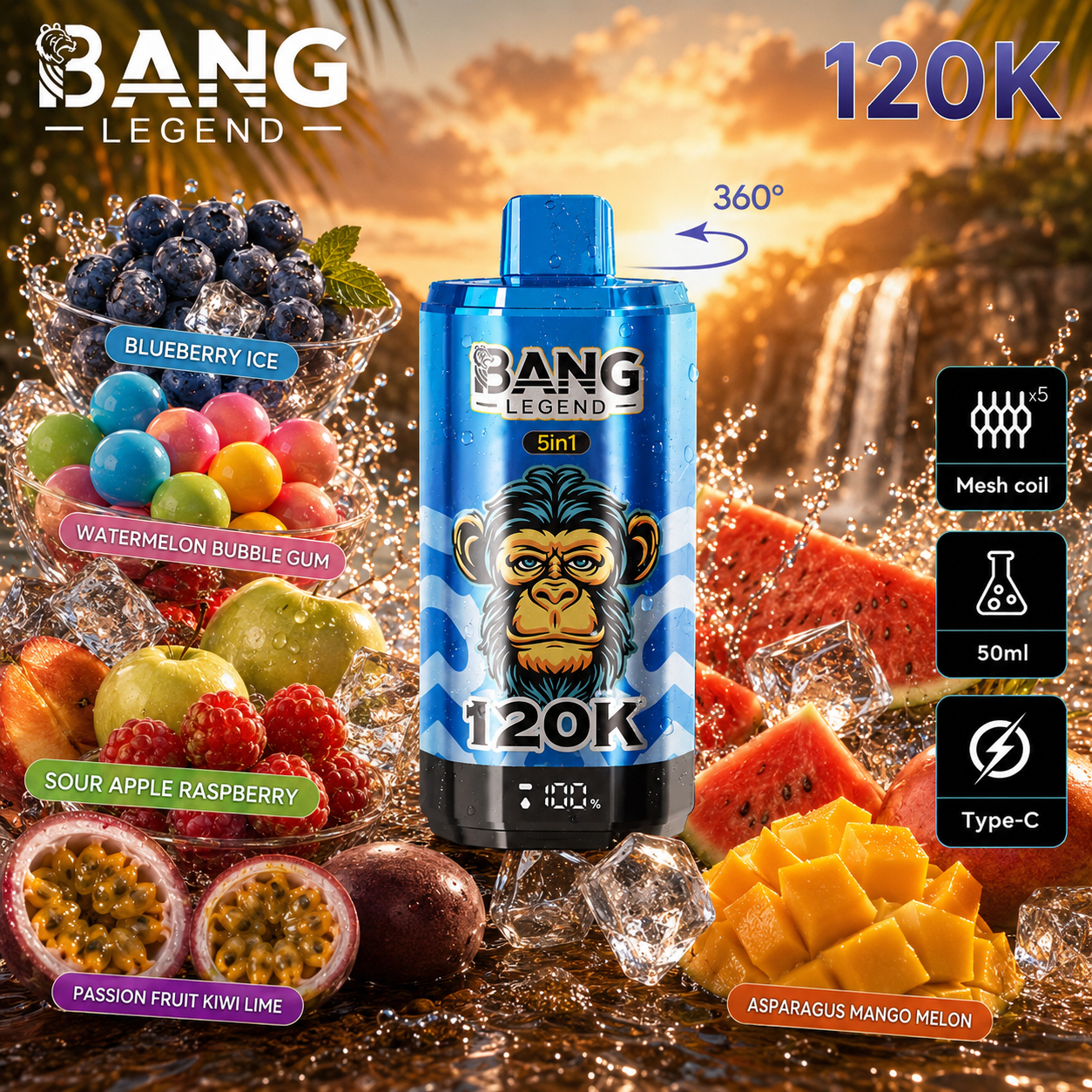 🔥🔥Nejsilnější upgrade! Bang Legend vape 120 000 potahů | jednorázové vape 5 v 1 s příchutí
