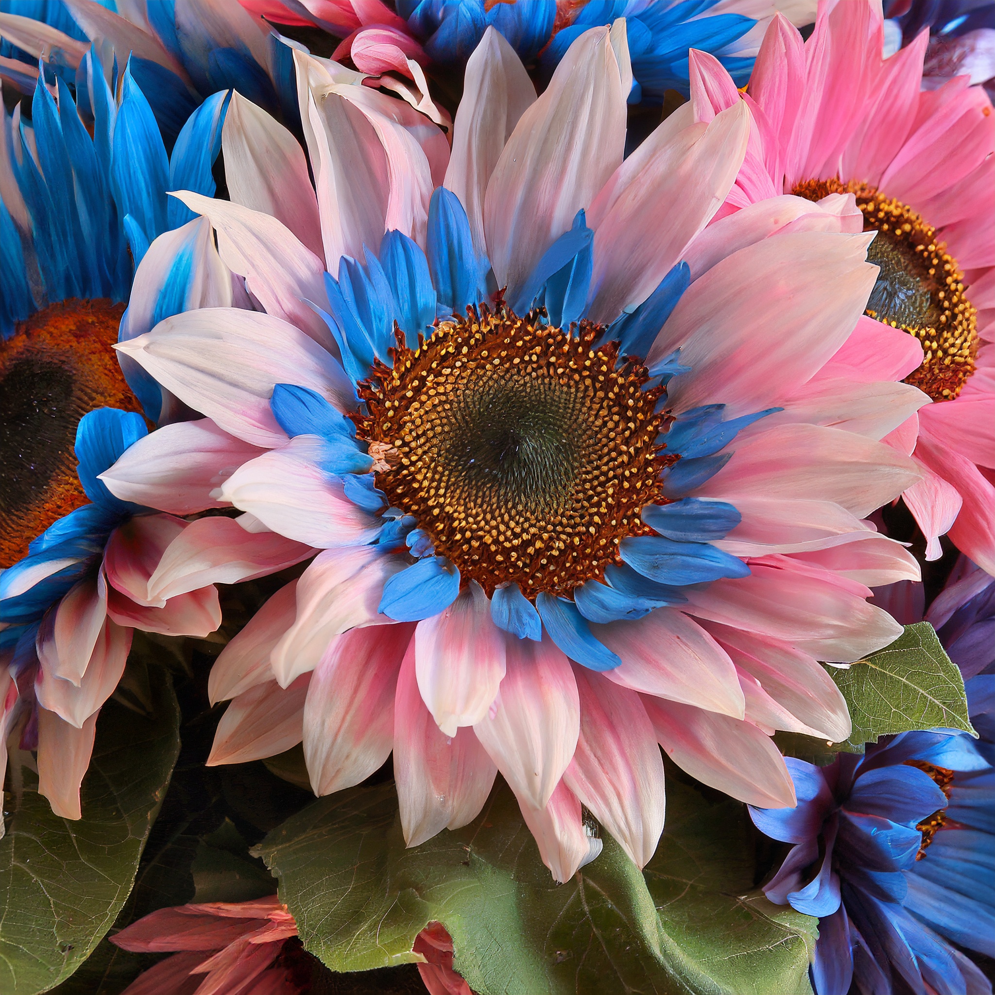 Double-flowered sunflower: blue-pink miracle