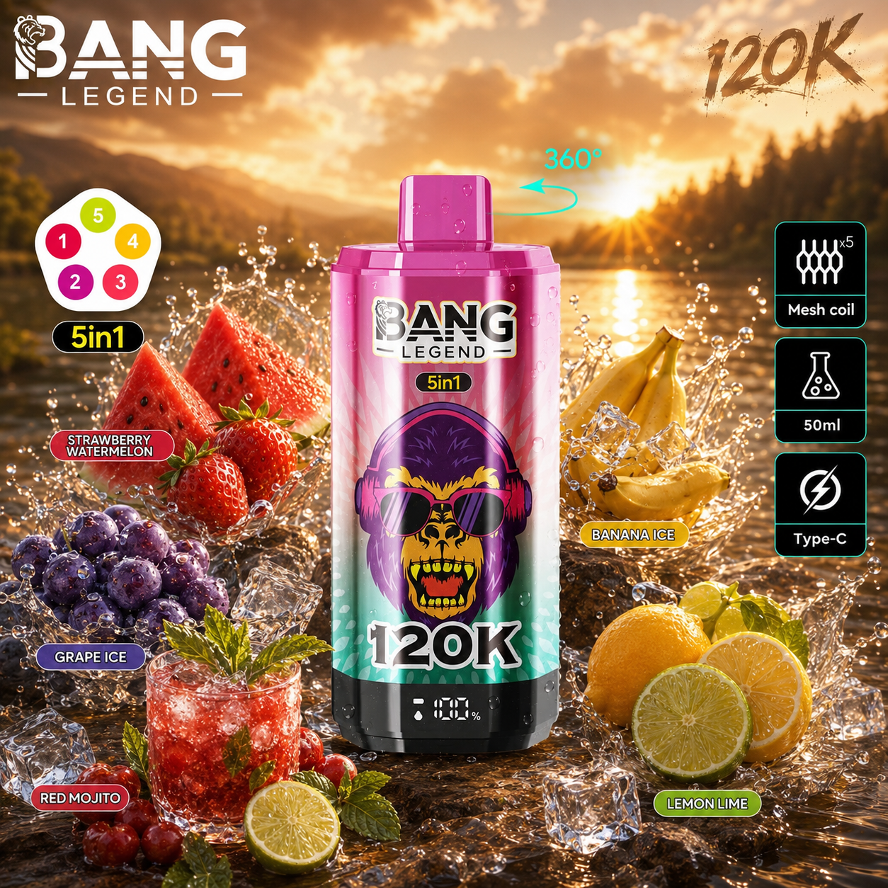 🔥🔥Nejsilnější upgrade! Bang Legend vape 120 000 potahů | jednorázové vape 5 v 1 s příchutí
