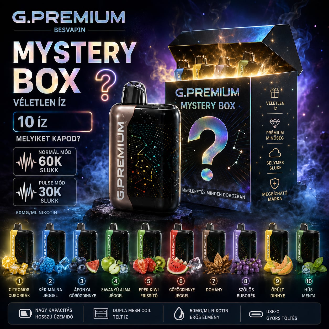 Legújabb Upgrade – G.PREMIUM VAPE 60 000 Slukk, Erős Mentol és Klasszikus Dohány ízzel
