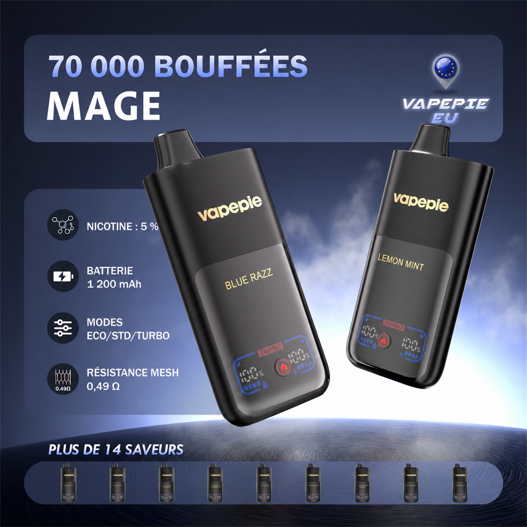 Vapepie Mega 70.000 Züge – wiederaufladbare Einweg-E-Zigarette, in mehreren Geschmacksrichtungen erhältlich