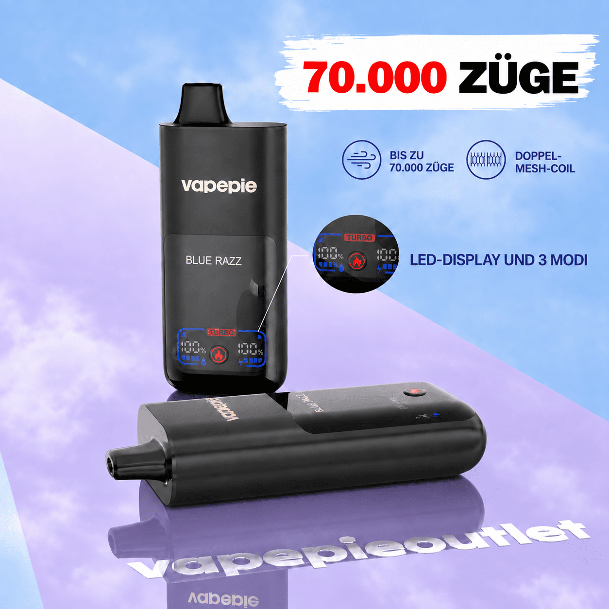 Vapepie Mega 70 000 Züge – wiederaufladbare elektronische Zigarette, verfügbar und speicherbar