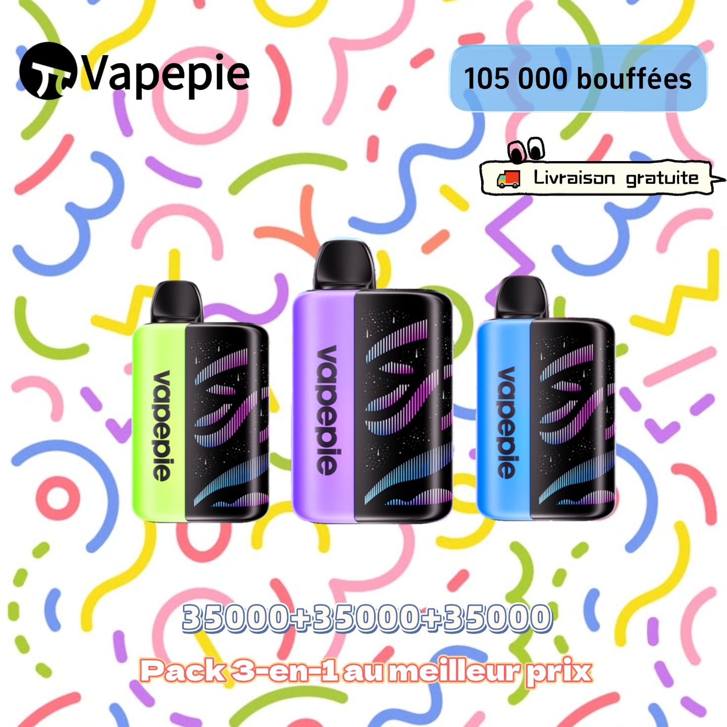 [Pack de 3 à prix avantageux – 35 000 bouffées par appareil] VapePie Galactic Gleam – Jusqu’à 105 000 bouffées au total | Écran LED intelligent | Expédition rapide depuis notre entrepôt en France