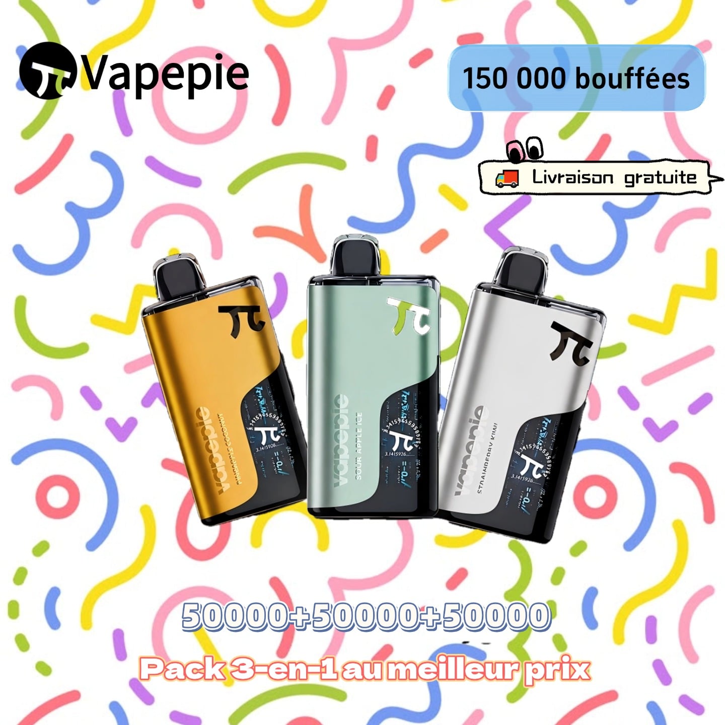 Pack économique Vapepie – Lot de 3, 50 000 bouffées par appareil | Cigarettes électroniques jetables rechargeables – Expédition rapide depuis notre entrepôt local