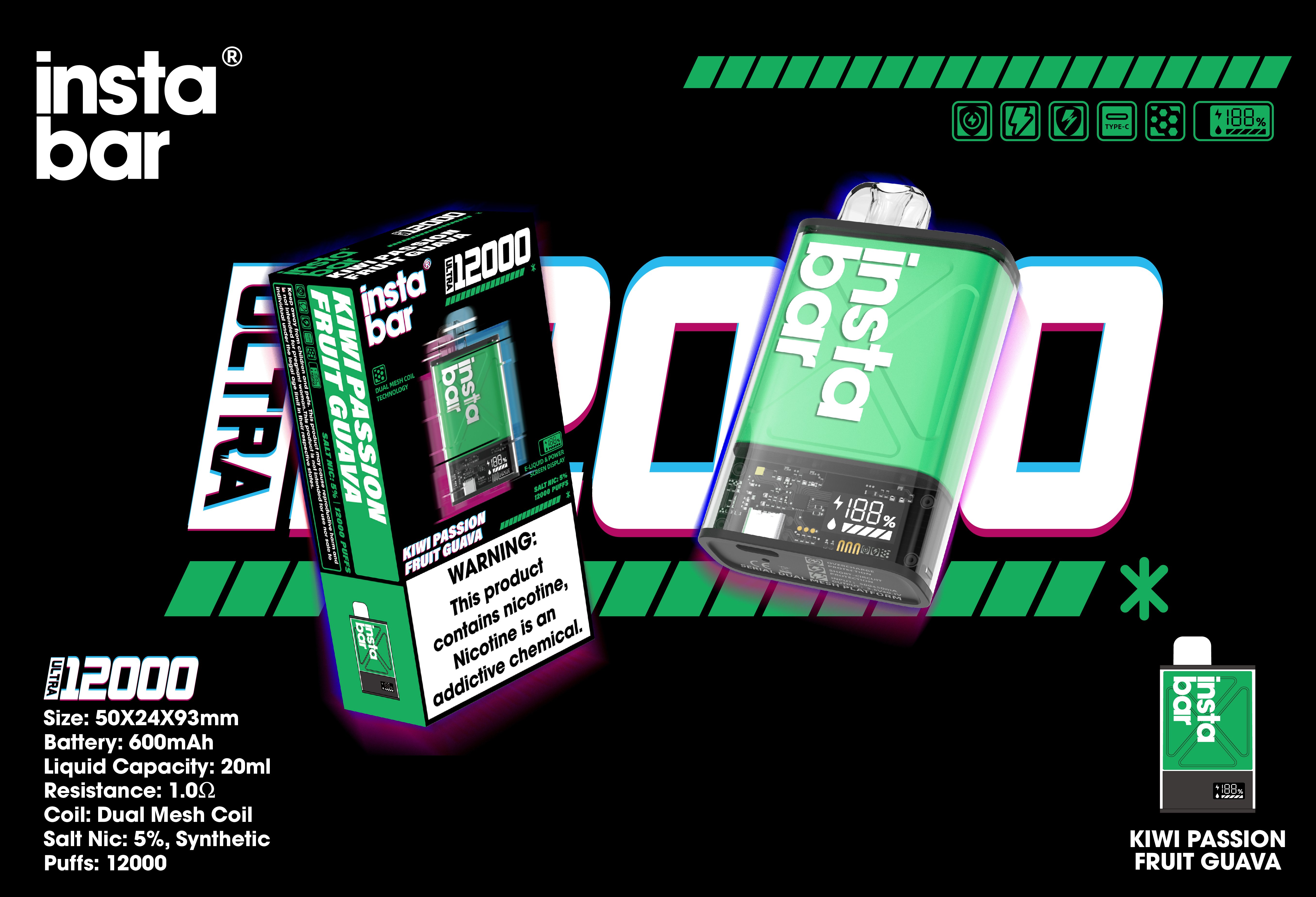 INSTABAR IU12000 PUFFS -Kivi, passiógyümölcs és guava íz