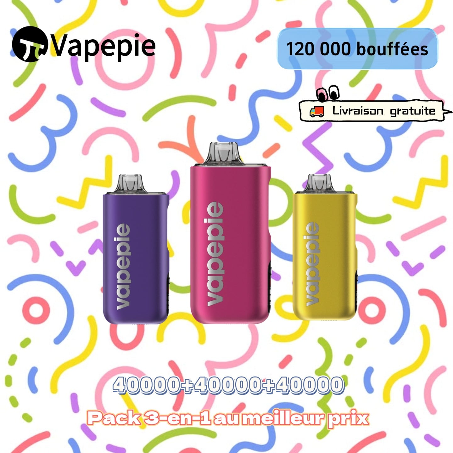 [Pack économique de 3 – 40 000 bouffées par appareil] VAPEPIE Max – Jusqu’à 120 000 bouffées au total | Cigarette électronique grande capacité | 15 saveurs disponibles